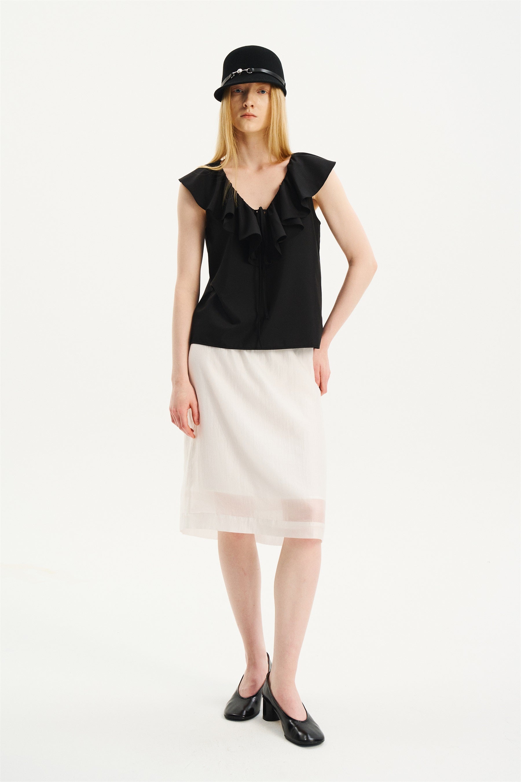 V-Neck Ruffle Sleeveless Top Black