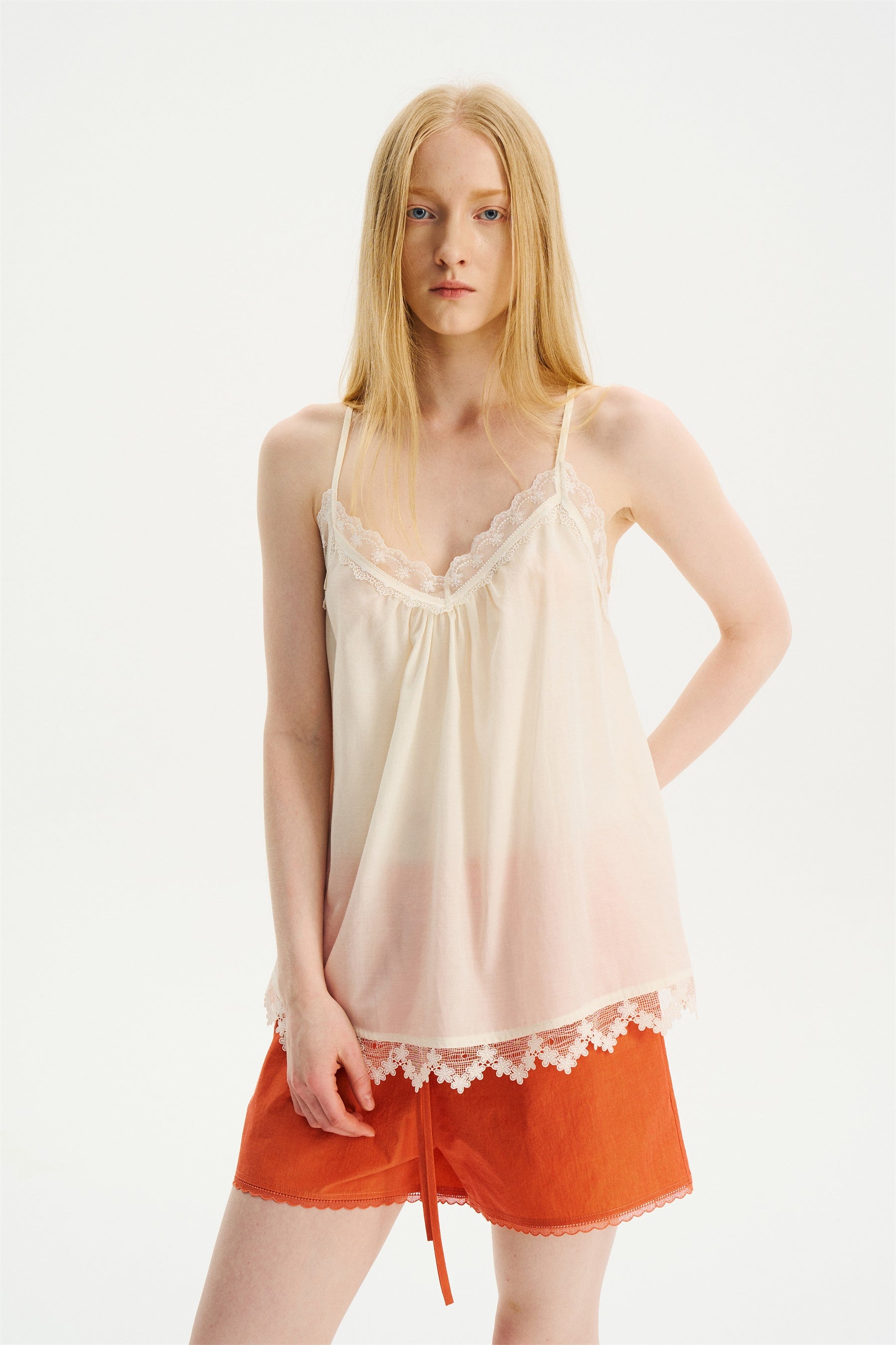 Elastic-Waist Lace-Trim Shorts Orange