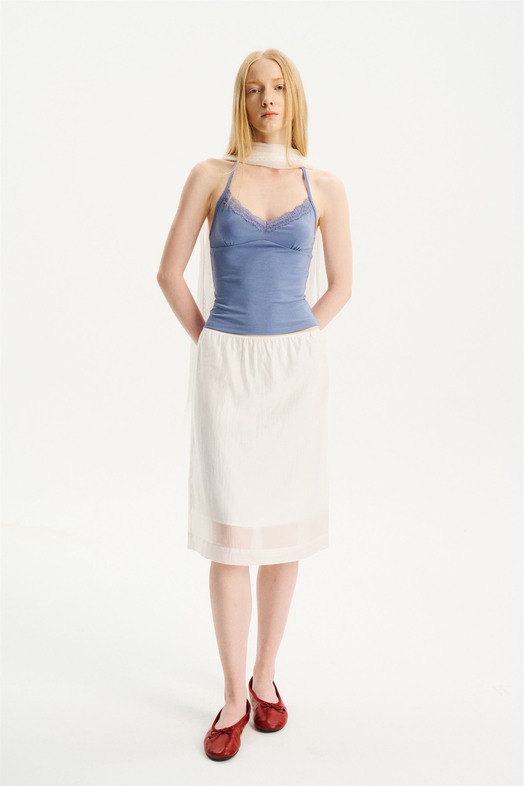 Lightweight Lace-Trim Elastic-Waist Midi Skirt White