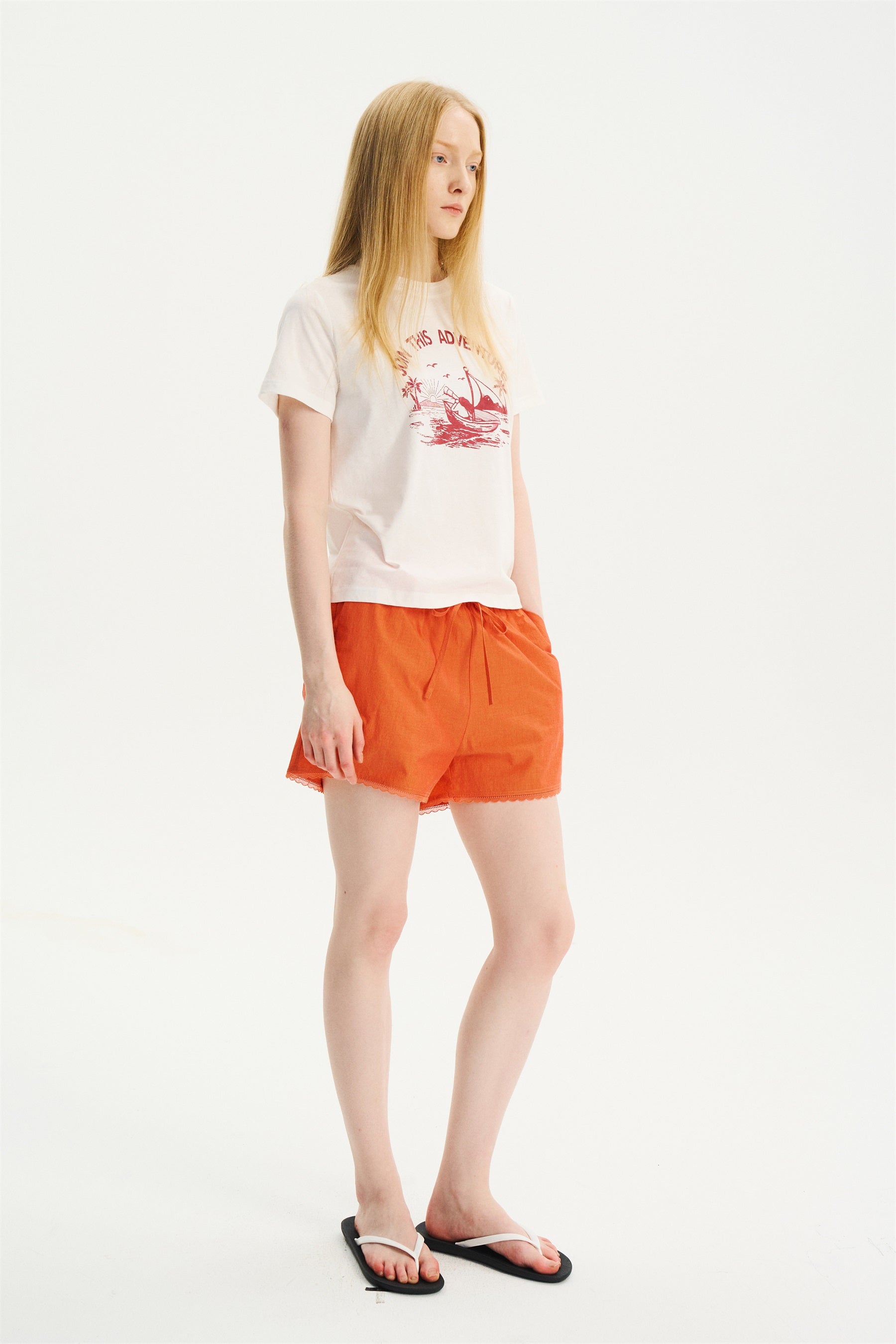 Elastic-Waist Lace-Trim Shorts Orange