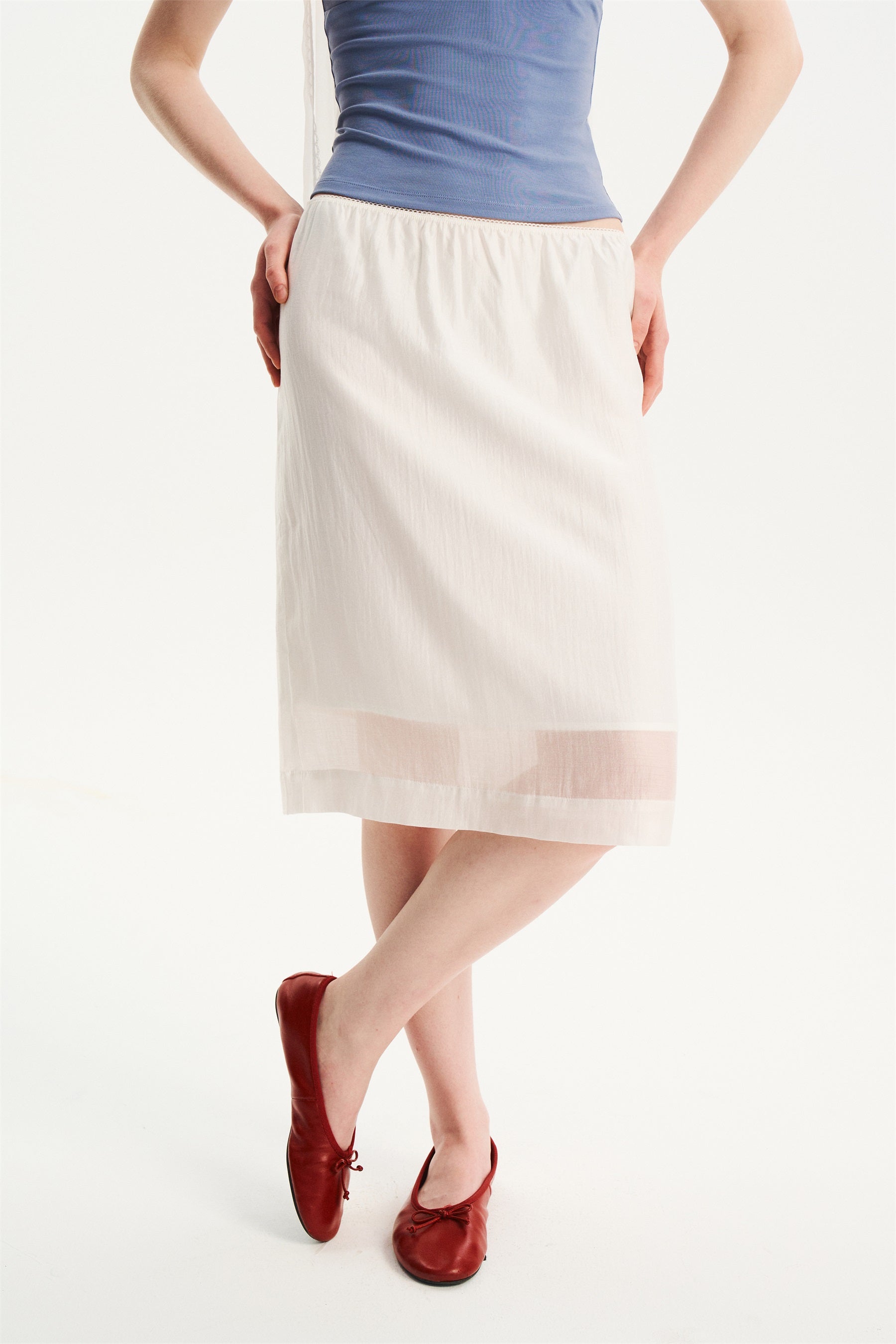 Lightweight Lace-Trim Elastic-Waist Midi Skirt White