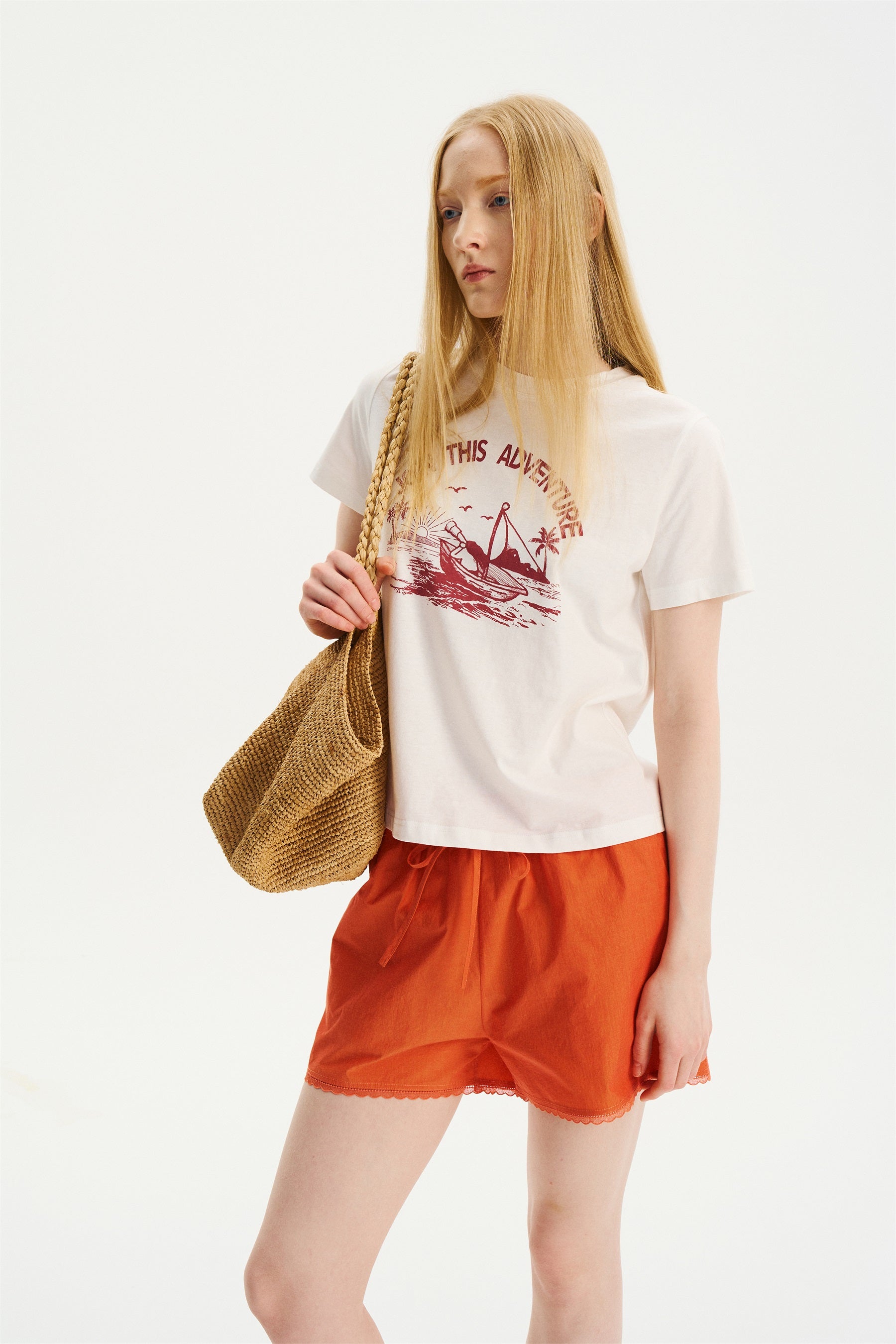 Elastic-Waist Lace-Trim Shorts Orange