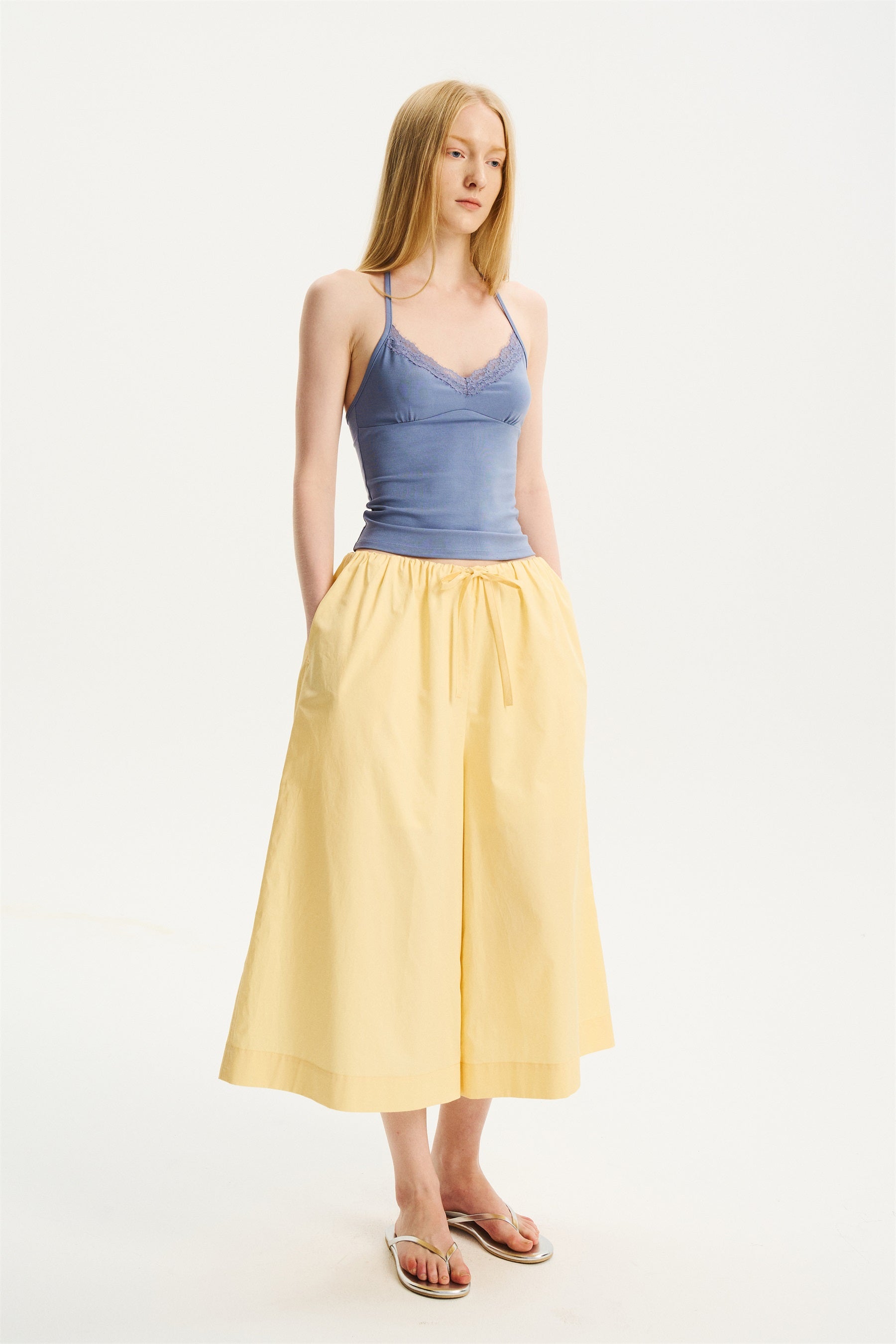 Cool-Touch Drawstring Wide-Leg Culotte Pants Yellow
