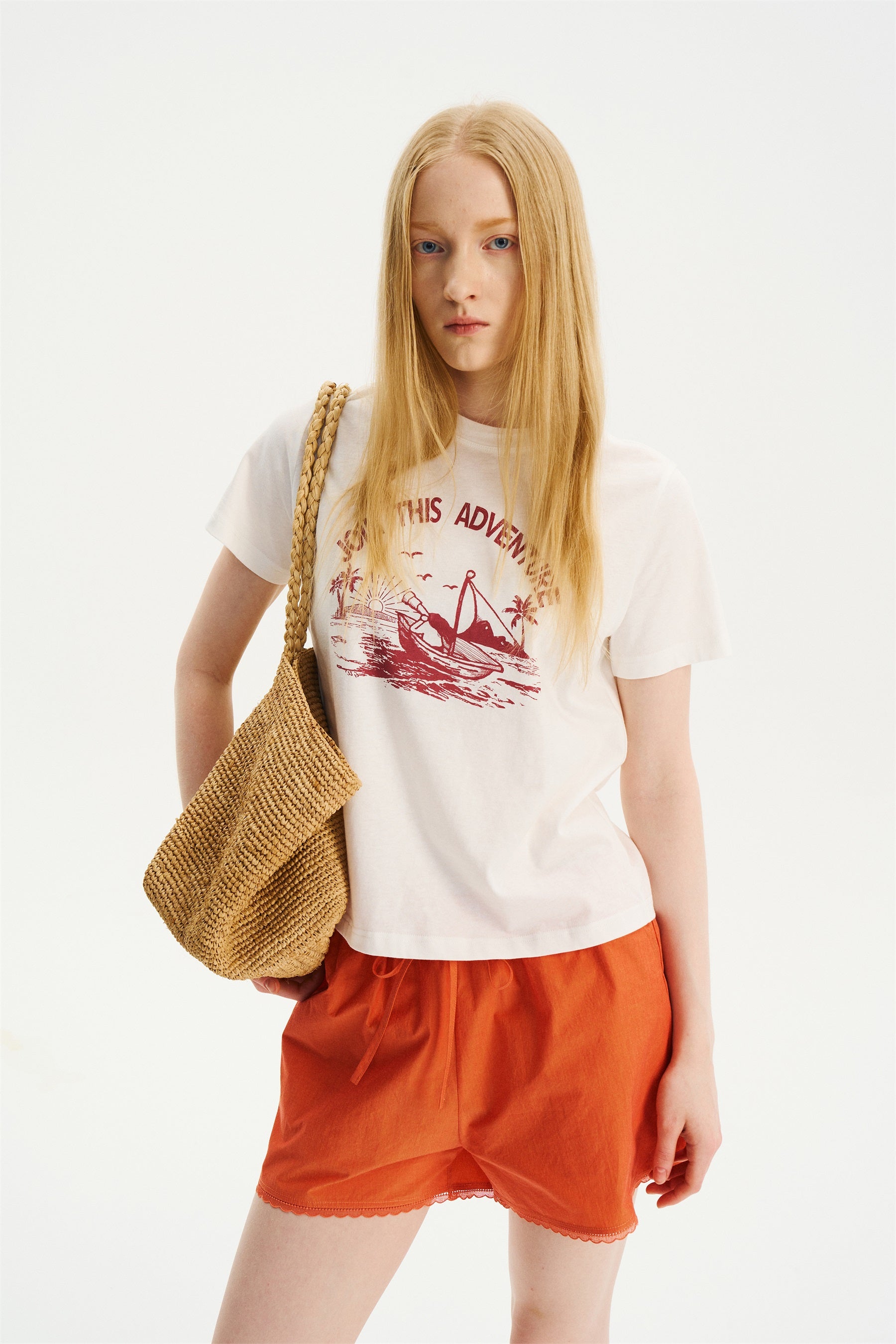 Elastic-Waist Lace-Trim Shorts Orange