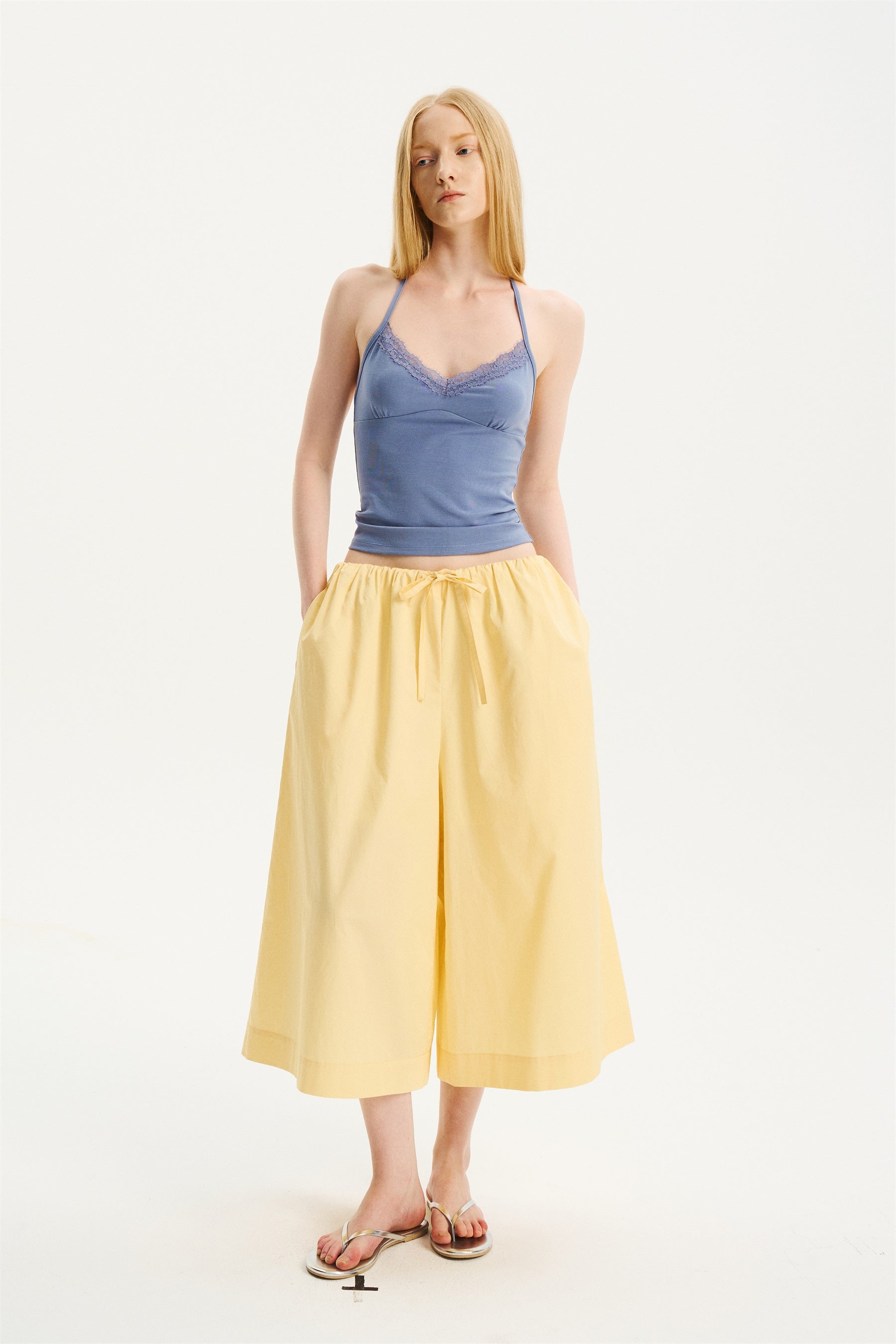 Cool-Touch Drawstring Wide-Leg Culotte Pants Yellow