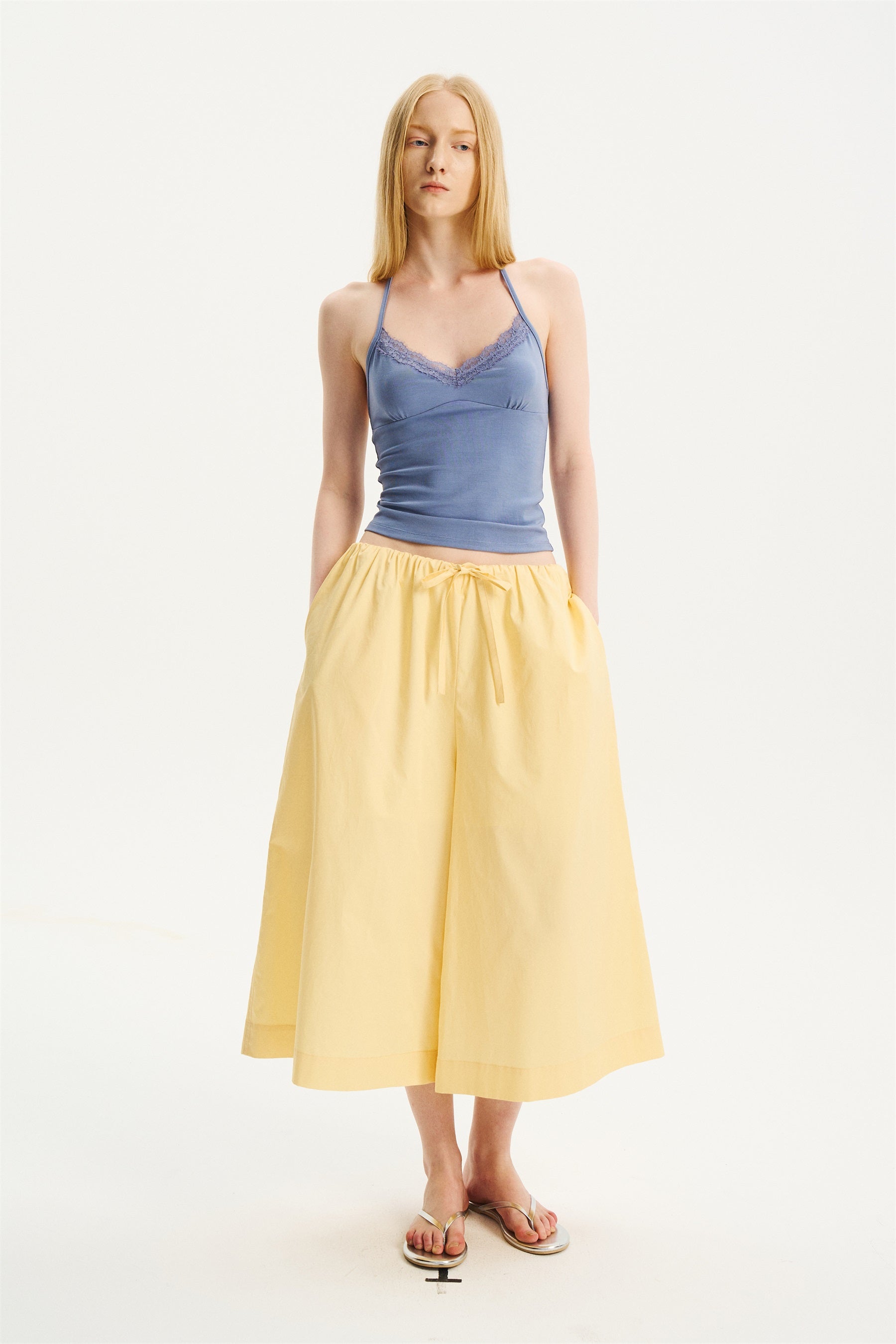 Cool-Touch Drawstring Wide-Leg Culotte Pants Yellow