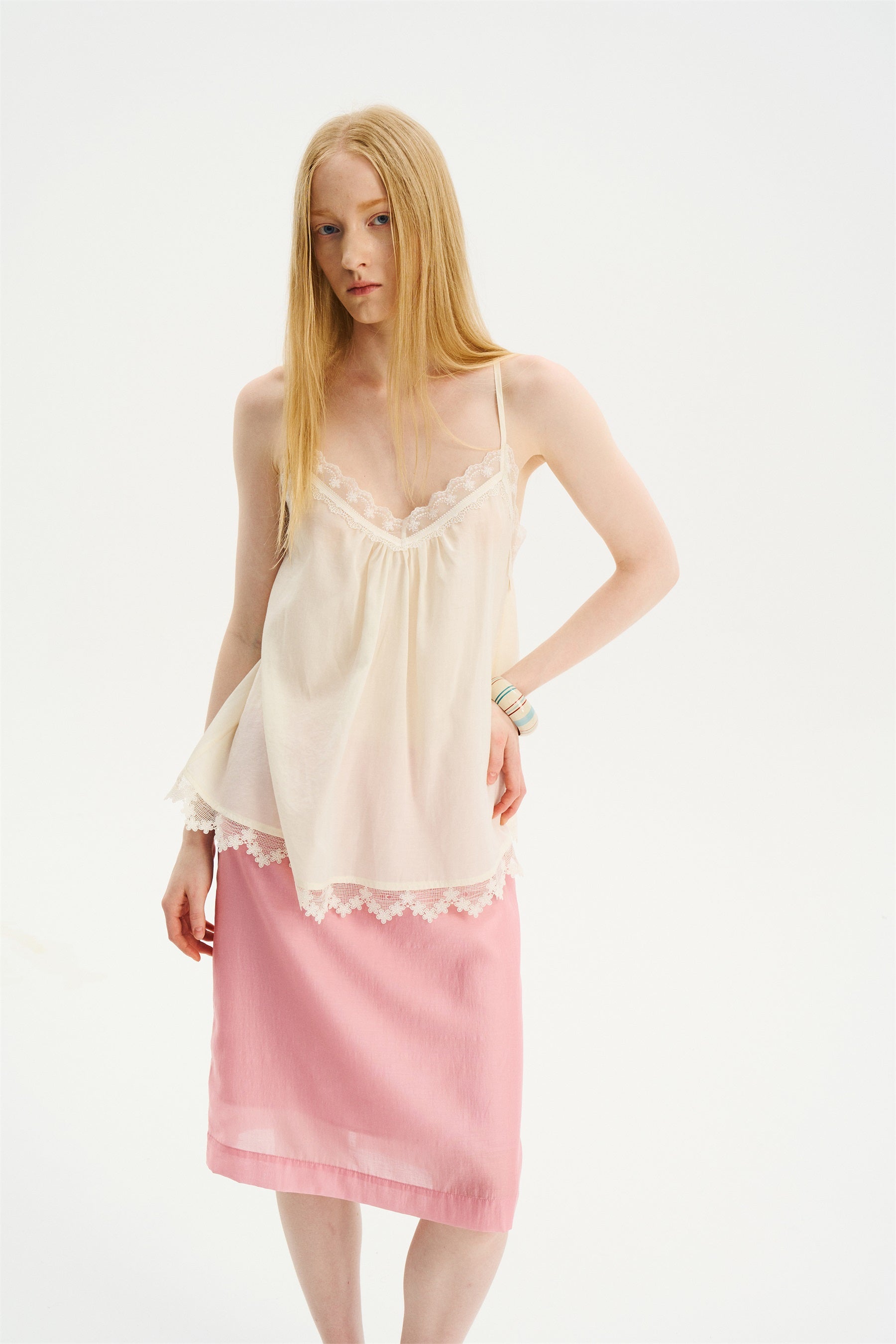 Lightweight Lace-Trim Elastic-Waist Midi Skirt Pink