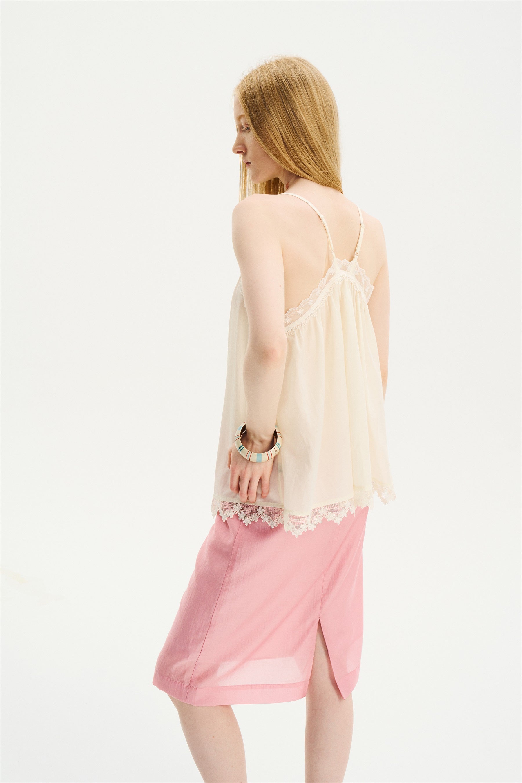 Lightweight Lace-Trim Elastic-Waist Midi Skirt Pink