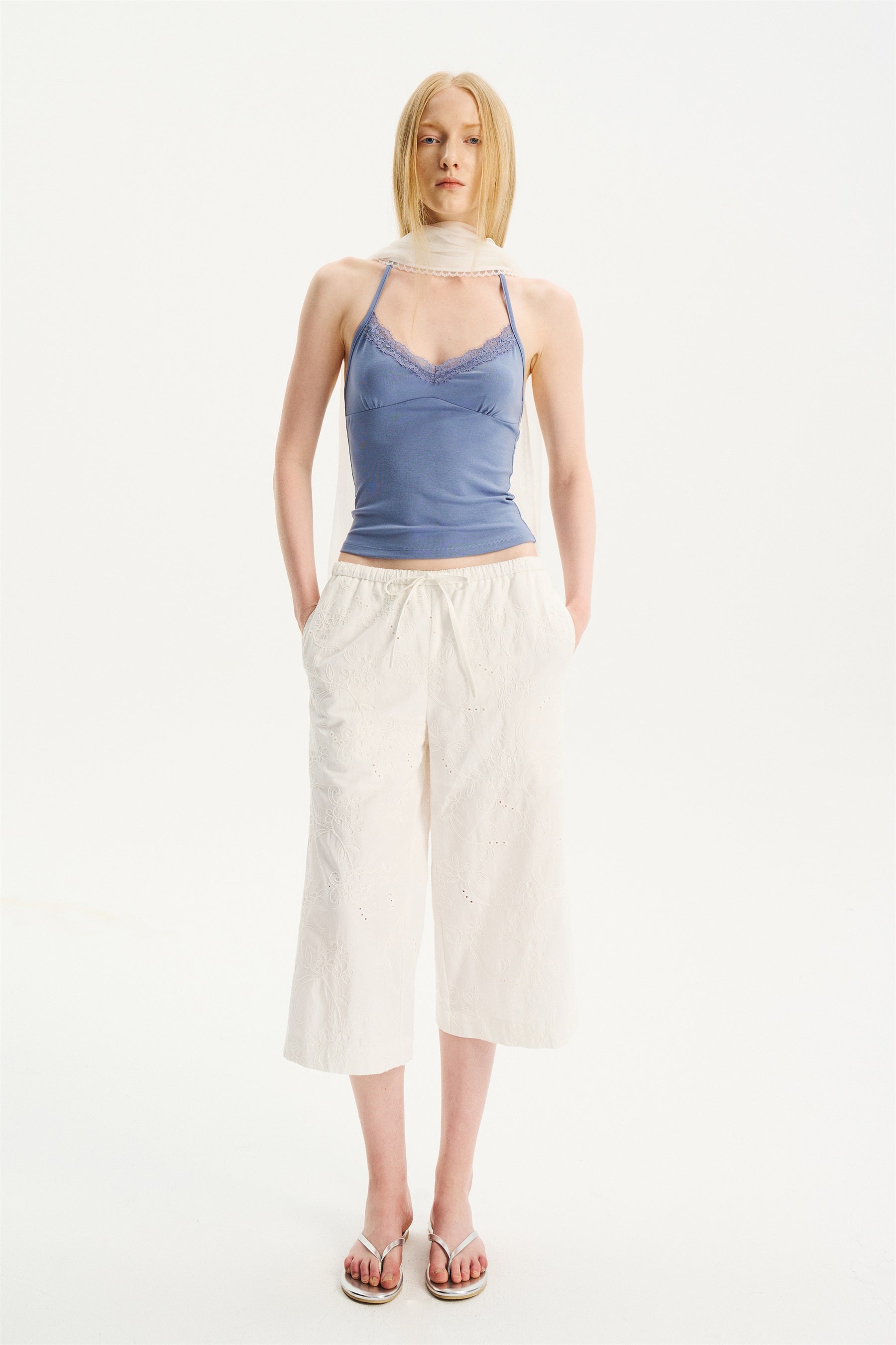 Lace-Trim Halter Camisole Haze Blue
