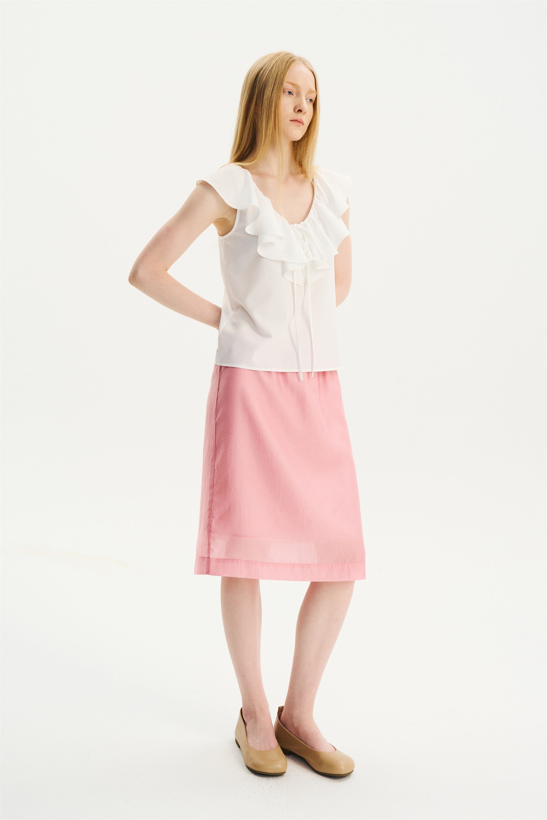 V-Neck Ruffle Sleeveless Top White