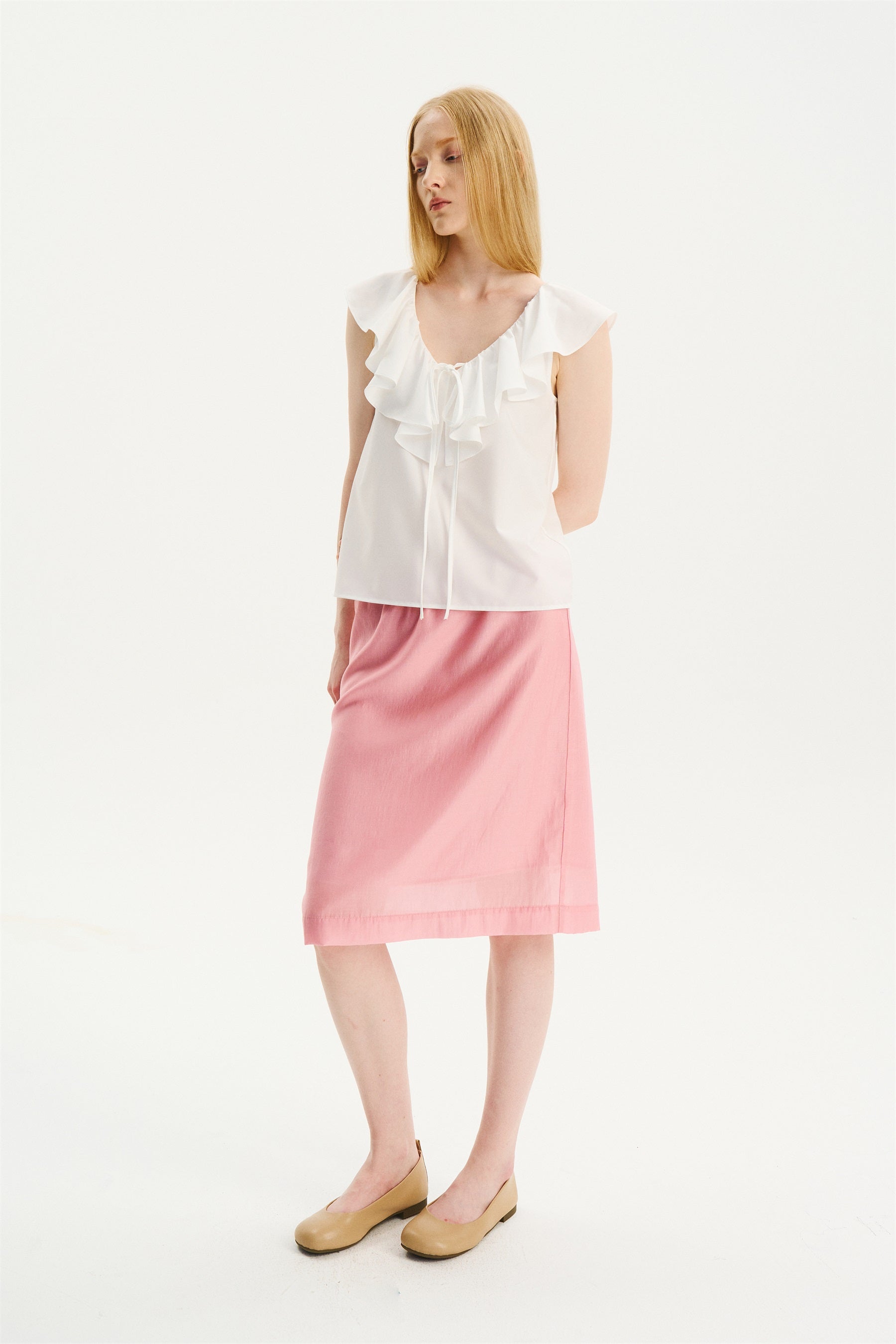V-Neck Ruffle Sleeveless Top White