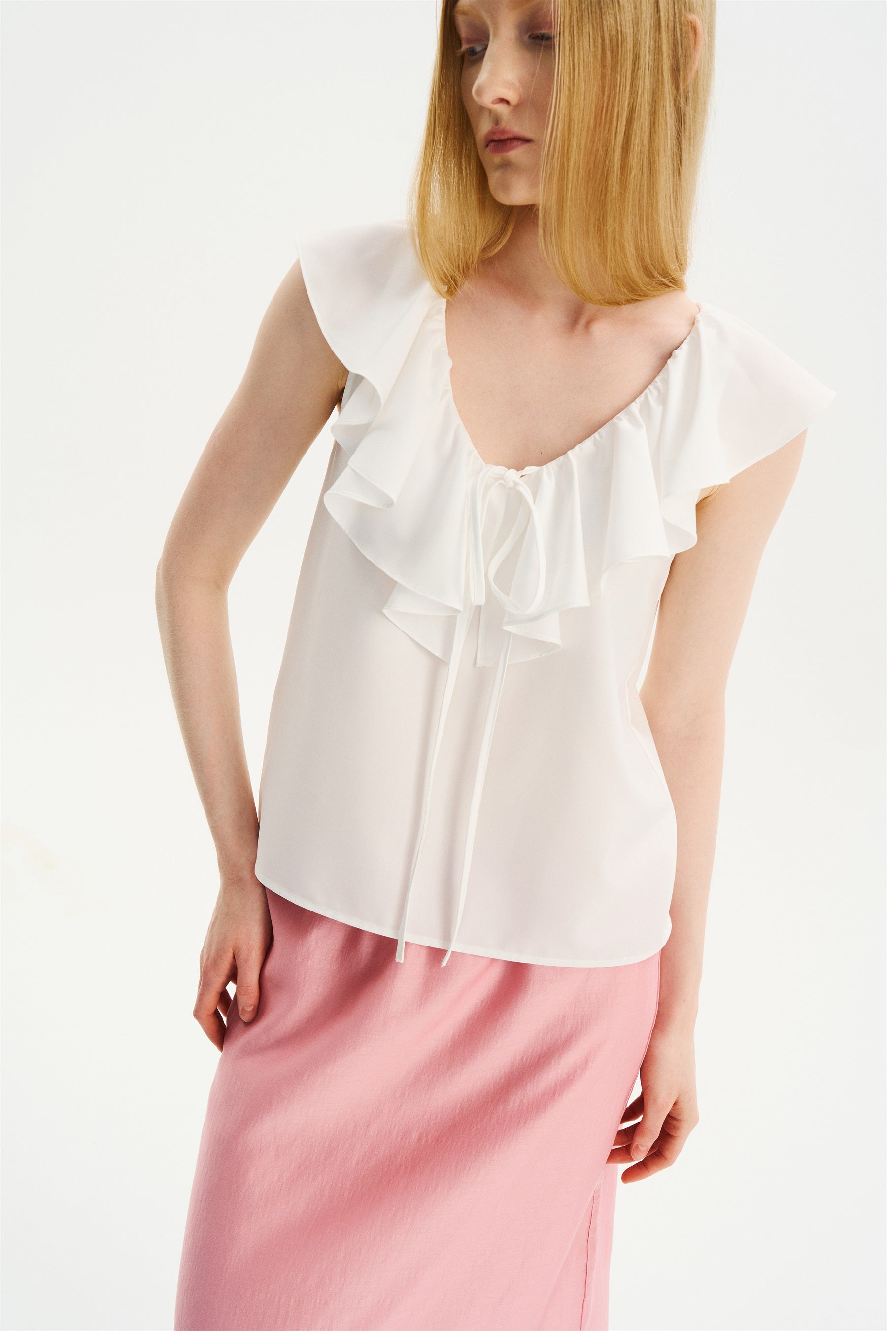 V-Neck Ruffle Sleeveless Top White