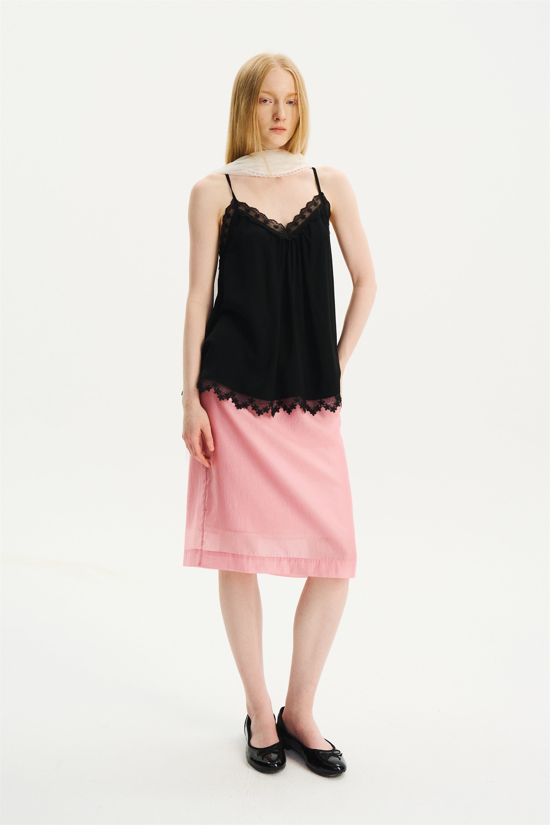 Lightweight Lace-Trim Elastic-Waist Midi Skirt Pink