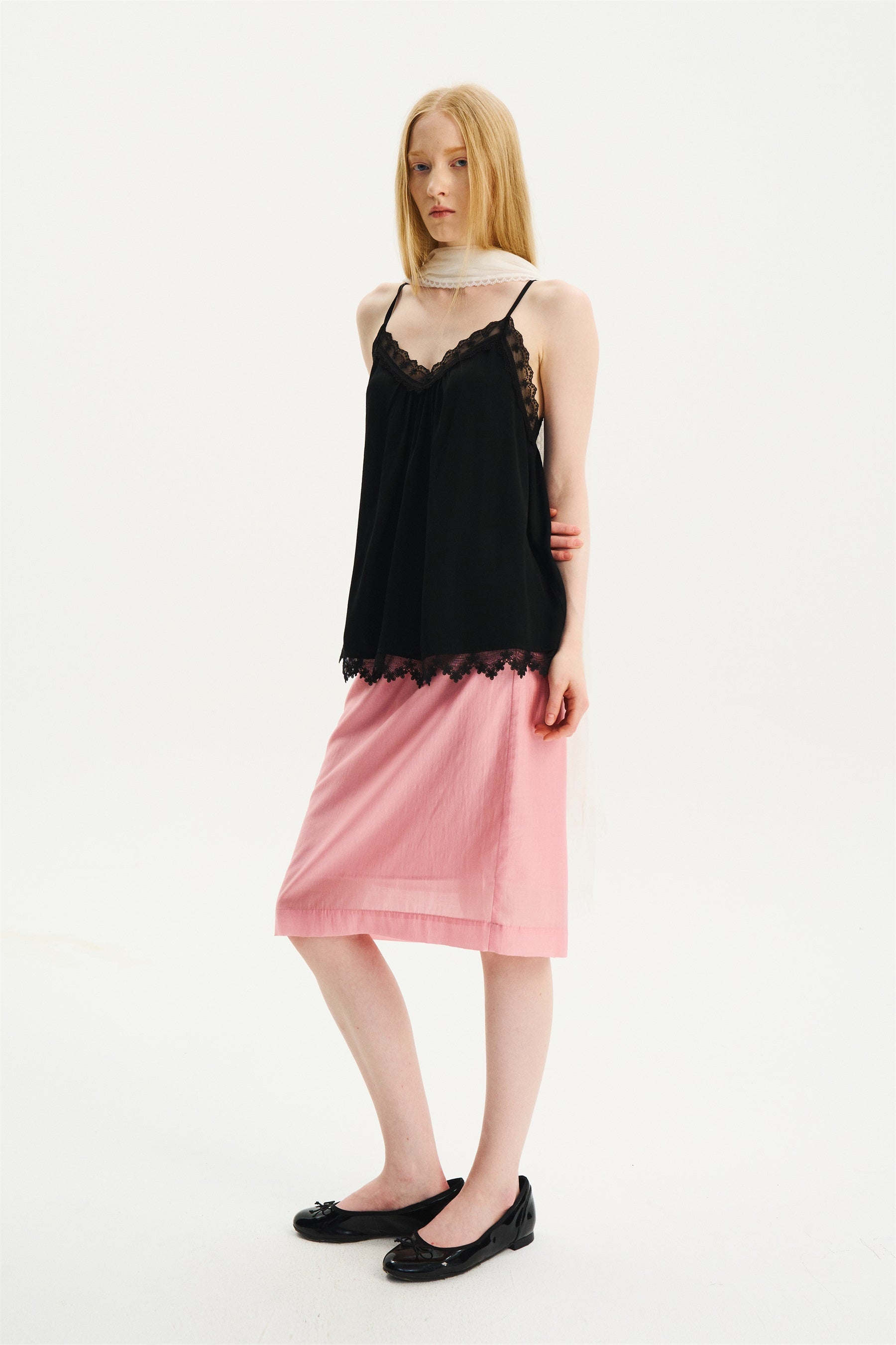 Lightweight Lace-Trim Elastic-Waist Midi Skirt Pink
