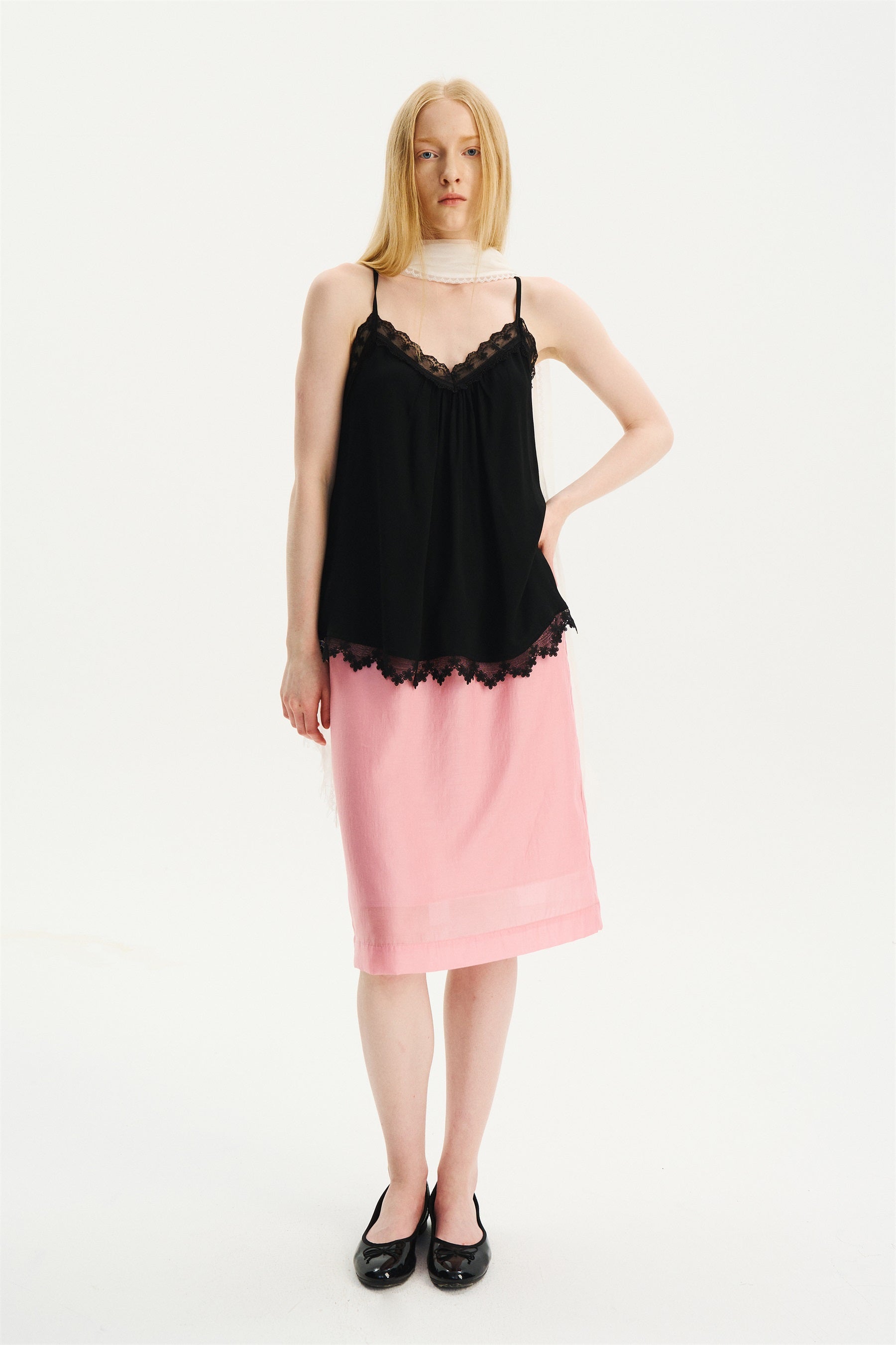 Lightweight Lace-Trim Elastic-Waist Midi Skirt Pink