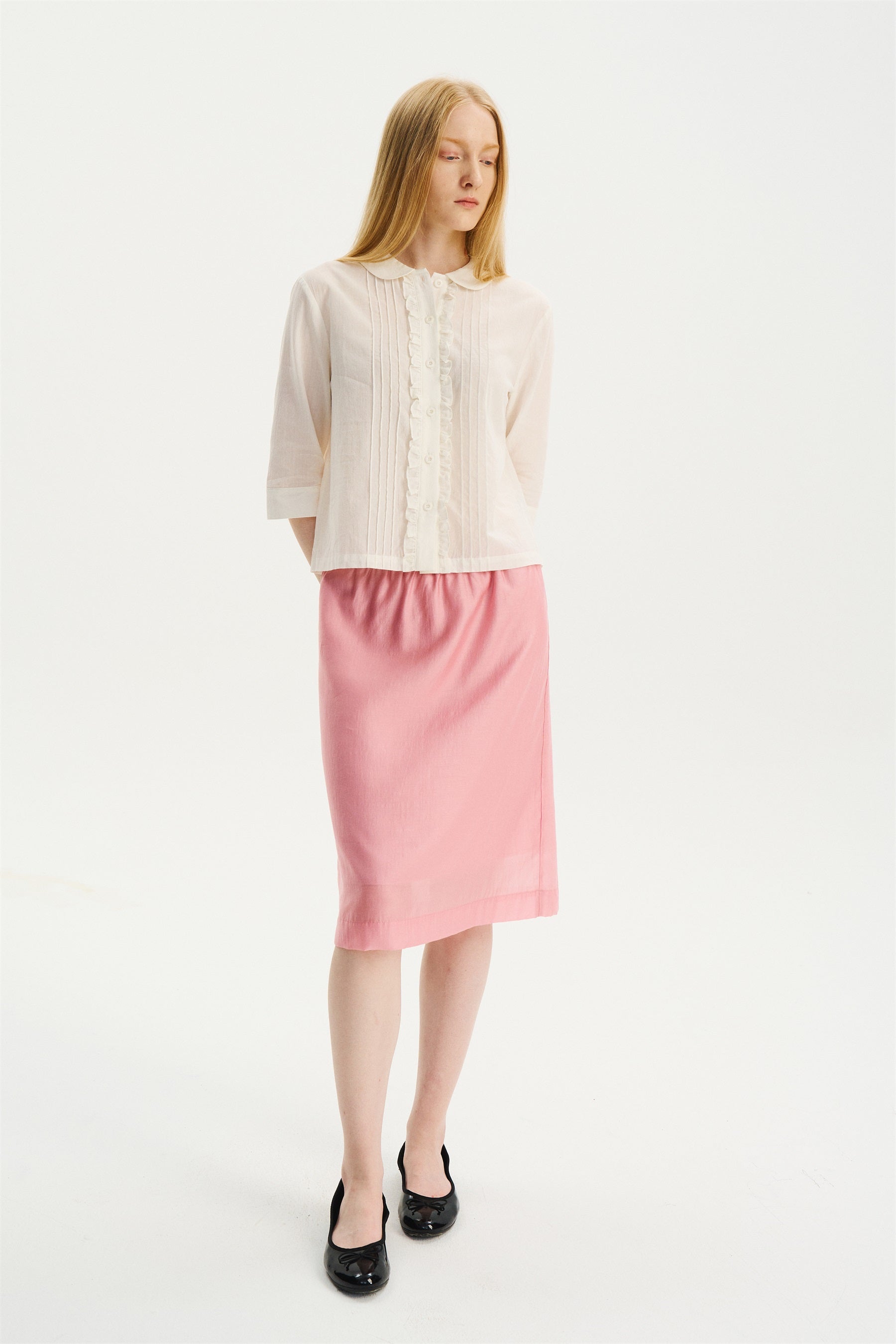 Peter Pan Collar Elbow-Sleeve Shirt White