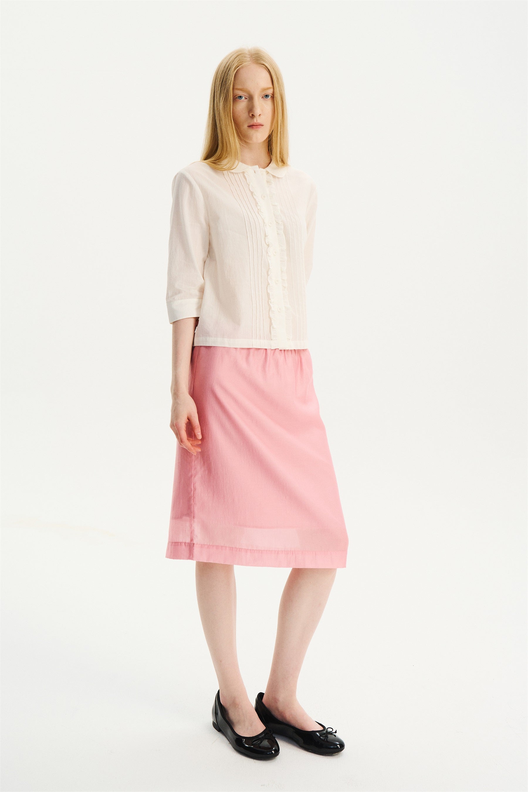 Lightweight Lace-Trim Elastic-Waist Midi Skirt Pink