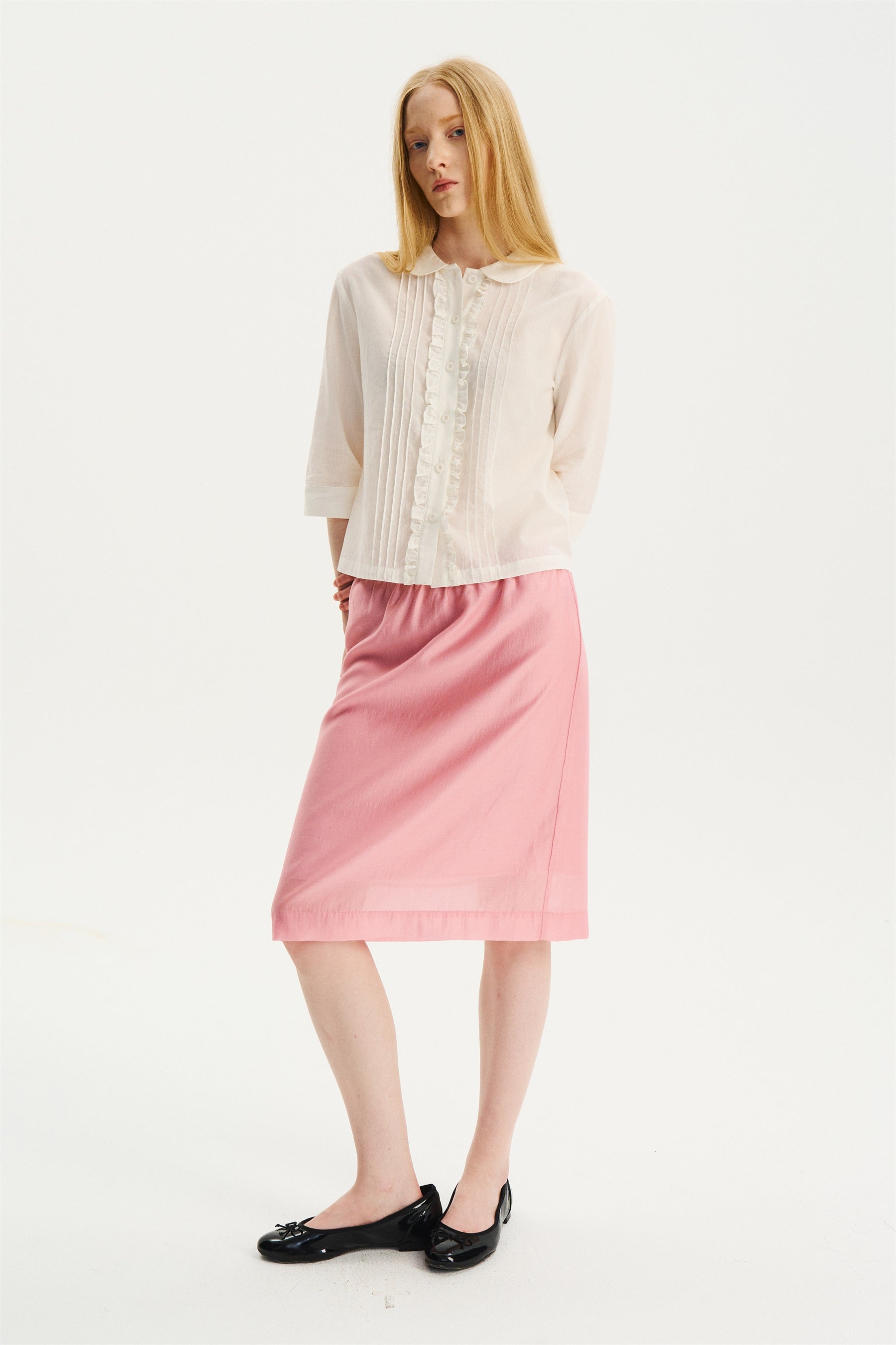 Peter Pan Collar Elbow-Sleeve Shirt White