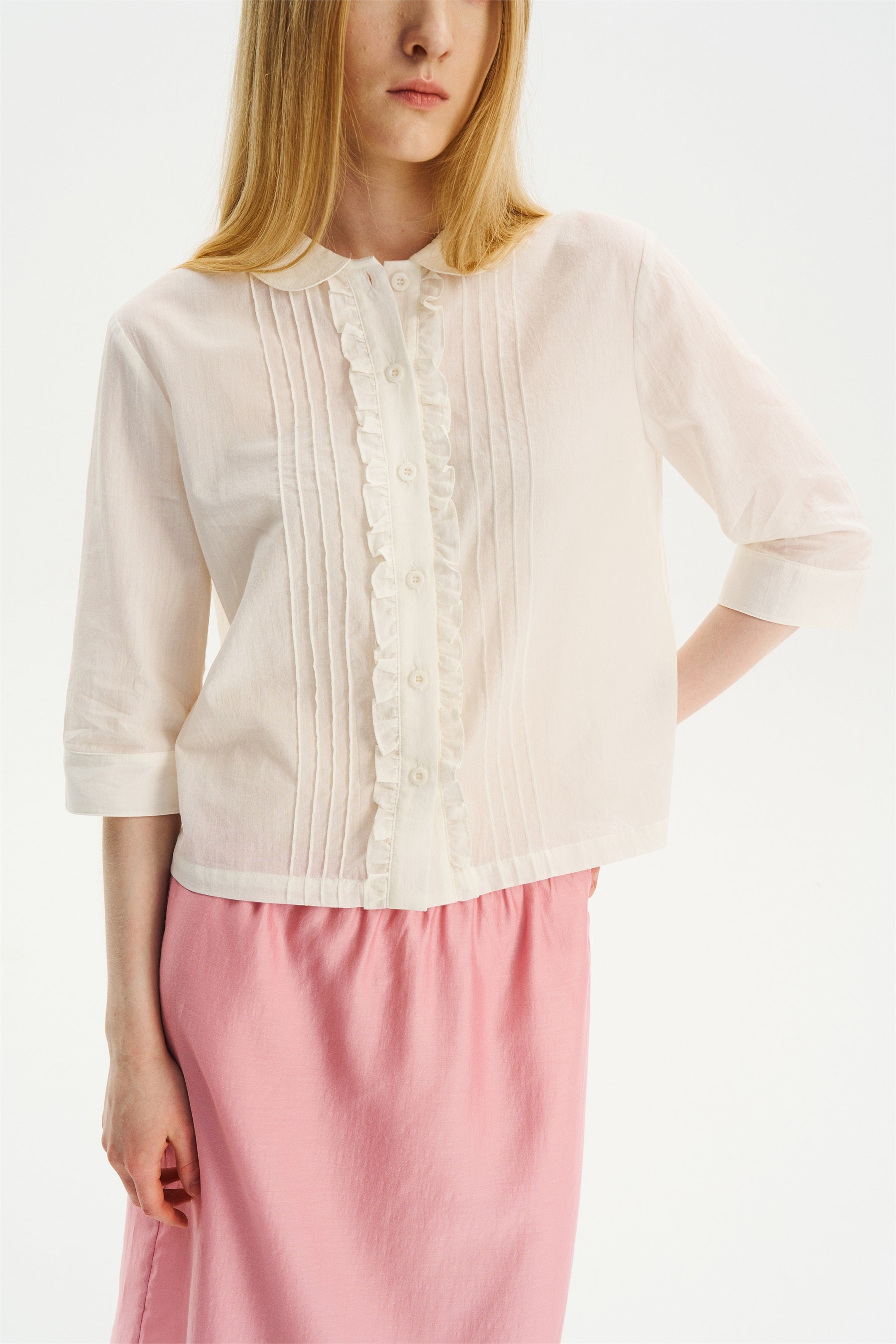 Peter Pan Collar Elbow-Sleeve Shirt White