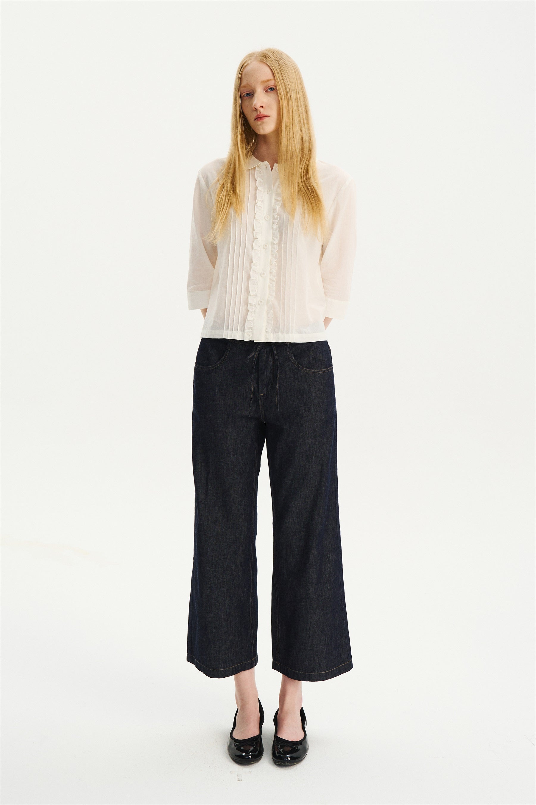 Lightweight Drawstring Straight-Flare Cropped Jeans Raw Denim
