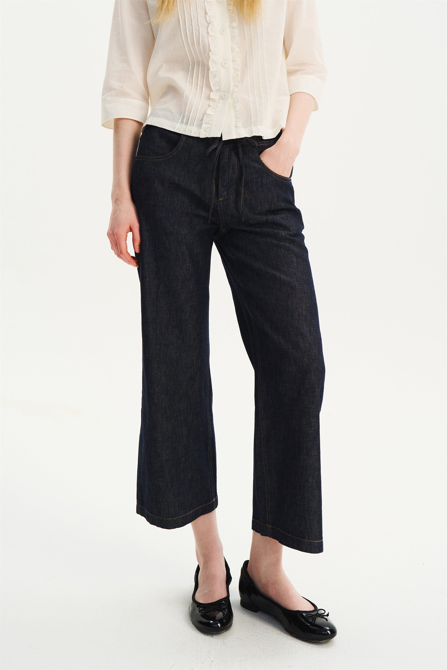 Lightweight Drawstring Straight-Flare Cropped Jeans Raw Denim