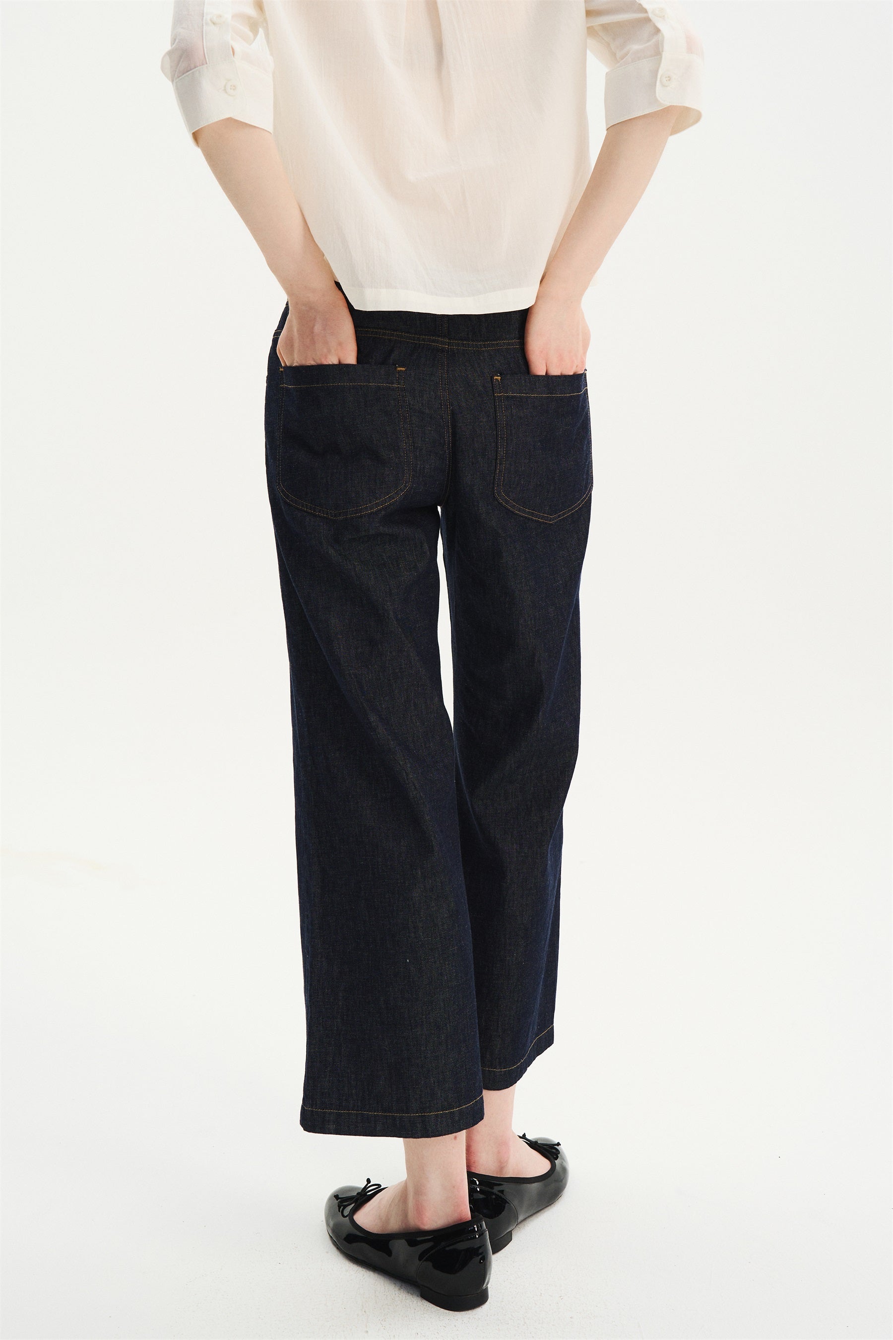 Lightweight Drawstring Straight-Flare Cropped Jeans Raw Denim