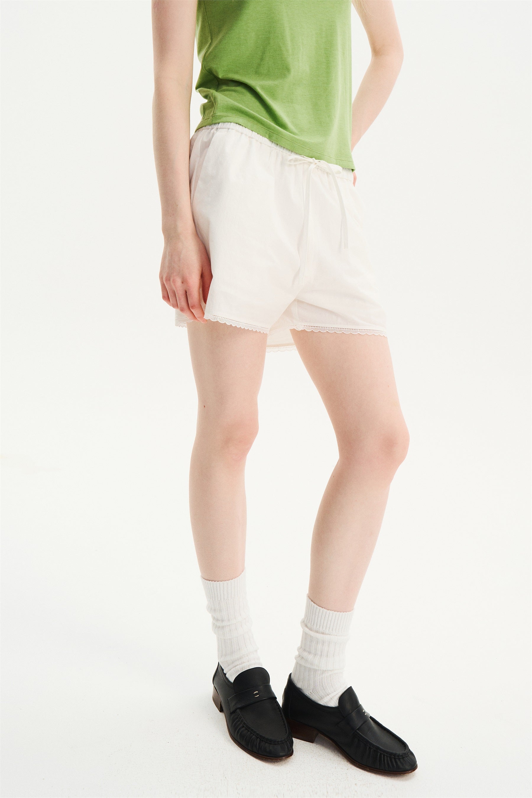 Elastic-Waist Lace-Trim Shorts White