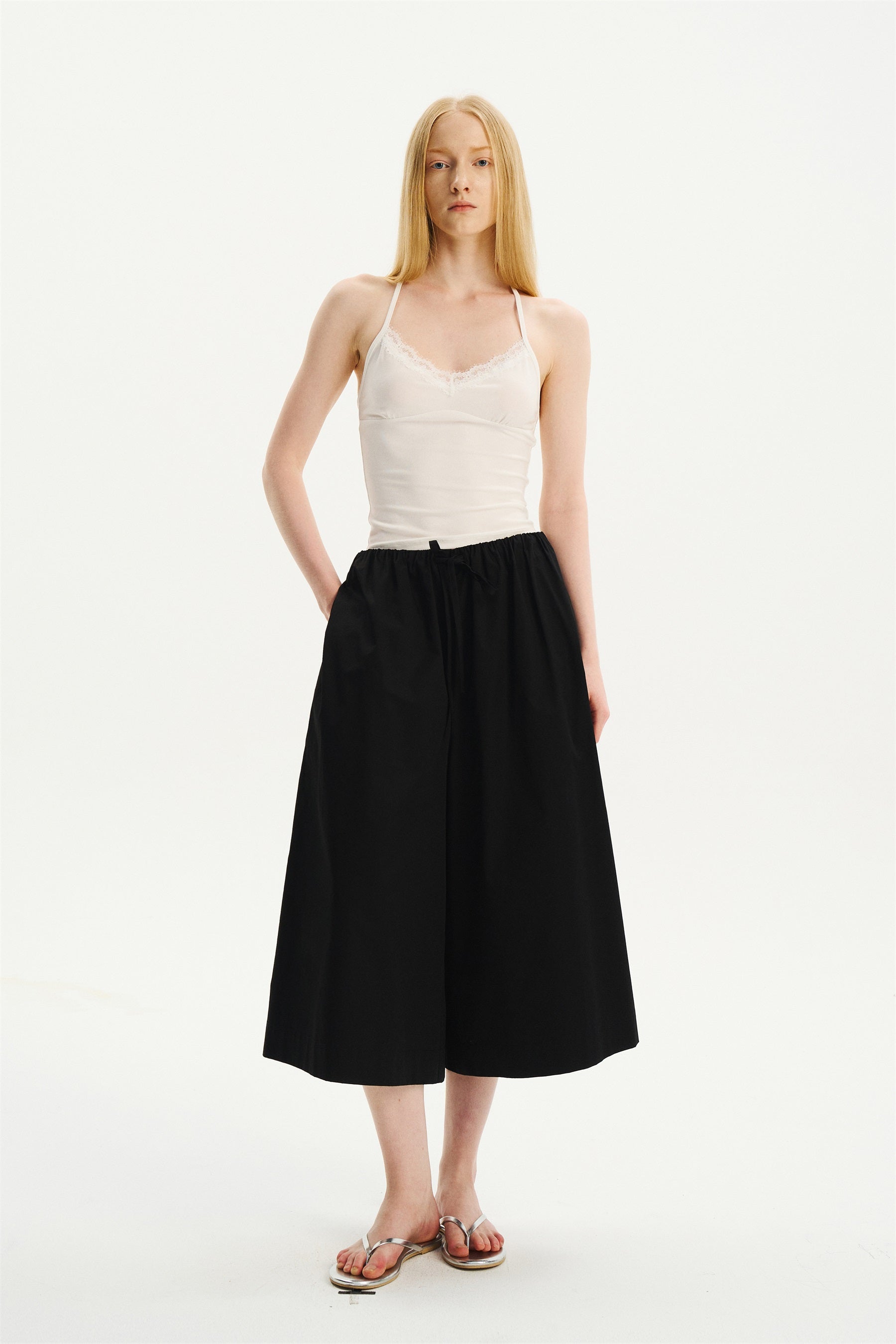 Cool-Touch Drawstring Wide-Leg Culotte Pants Black