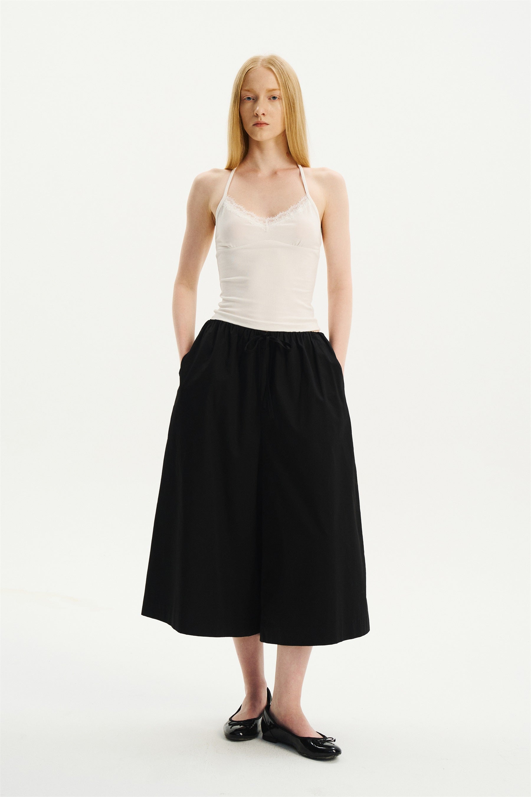 Cool-Touch Drawstring Wide-Leg Culotte Pants Black