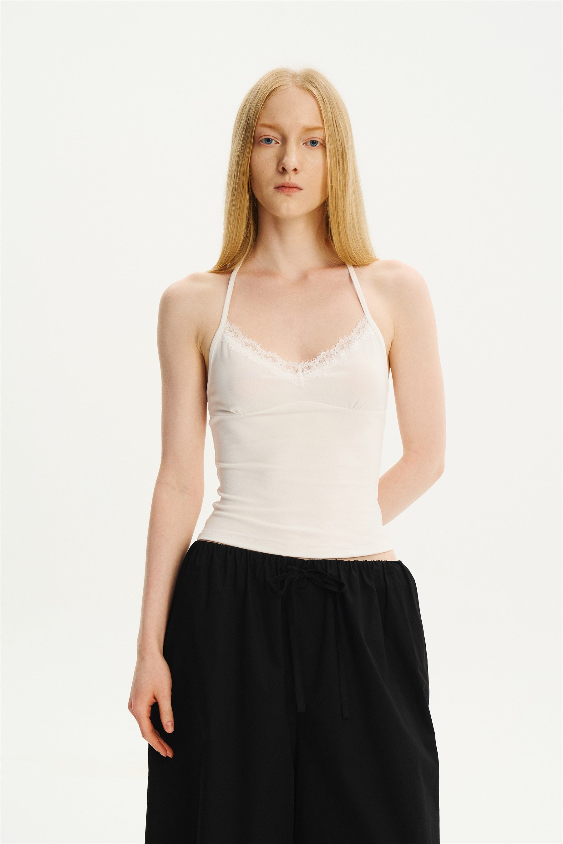 Lace-Trim Halter Camisole Ivory