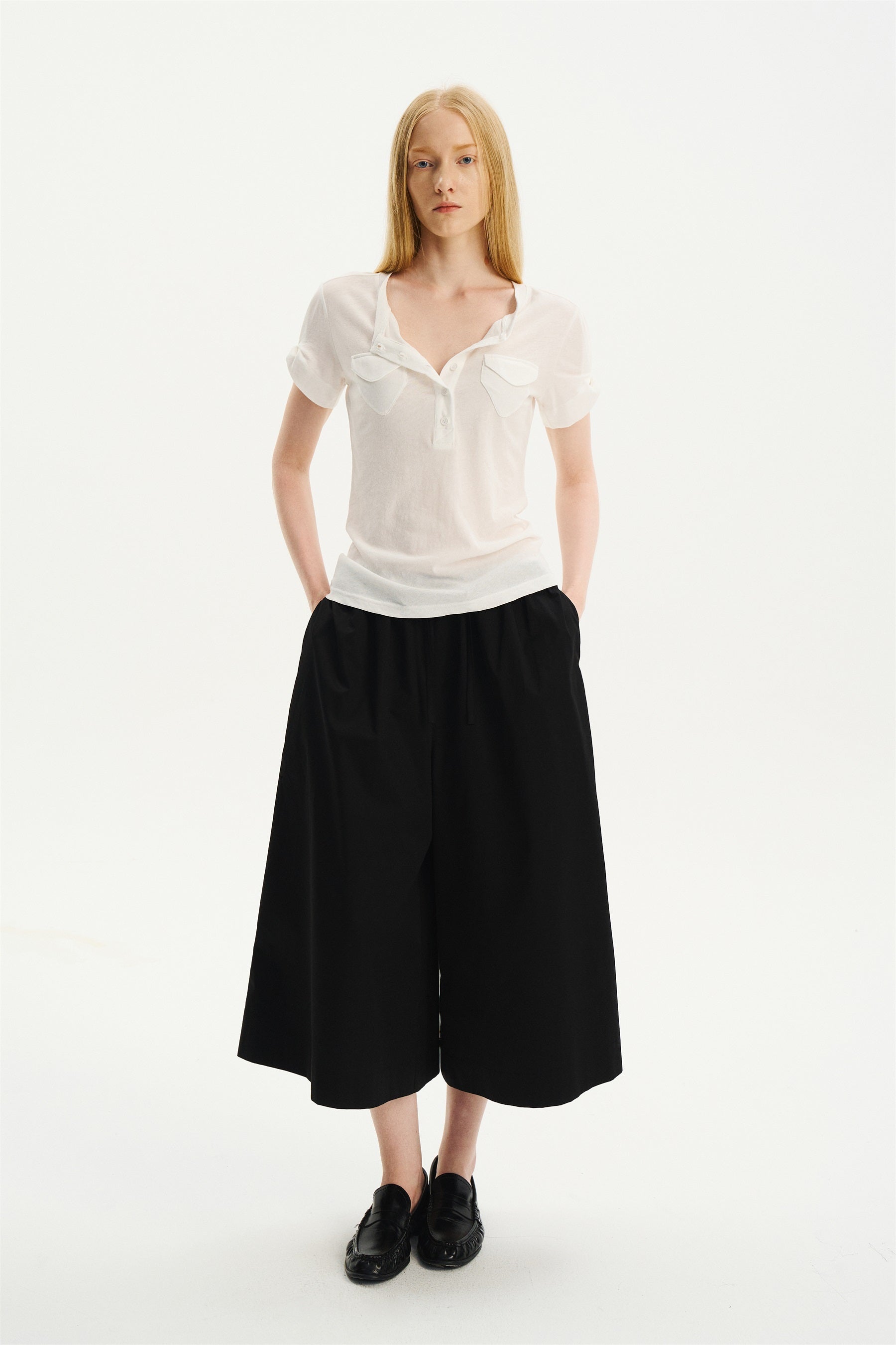 Lightweight Double-Pocket Henley T-Shirt White