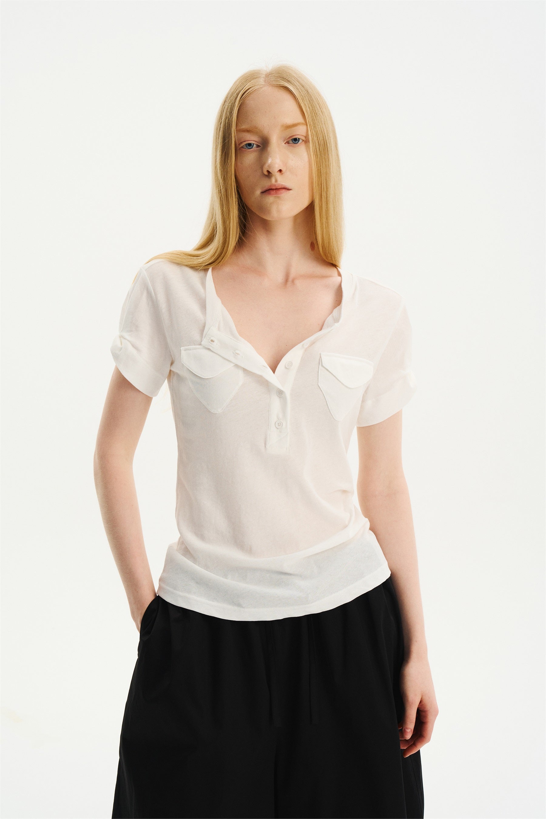 Lightweight Double-Pocket Henley T-Shirt White