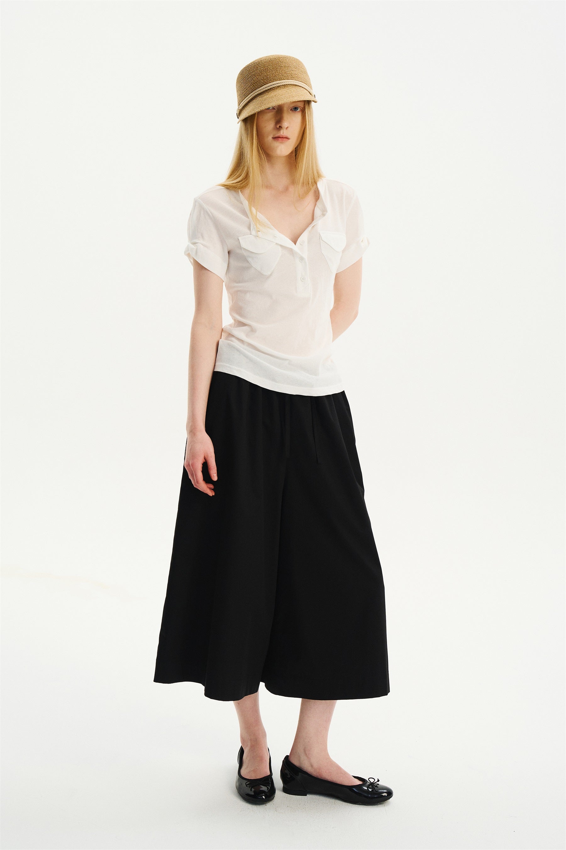 Cool-Touch Drawstring Wide-Leg Culotte Pants Black