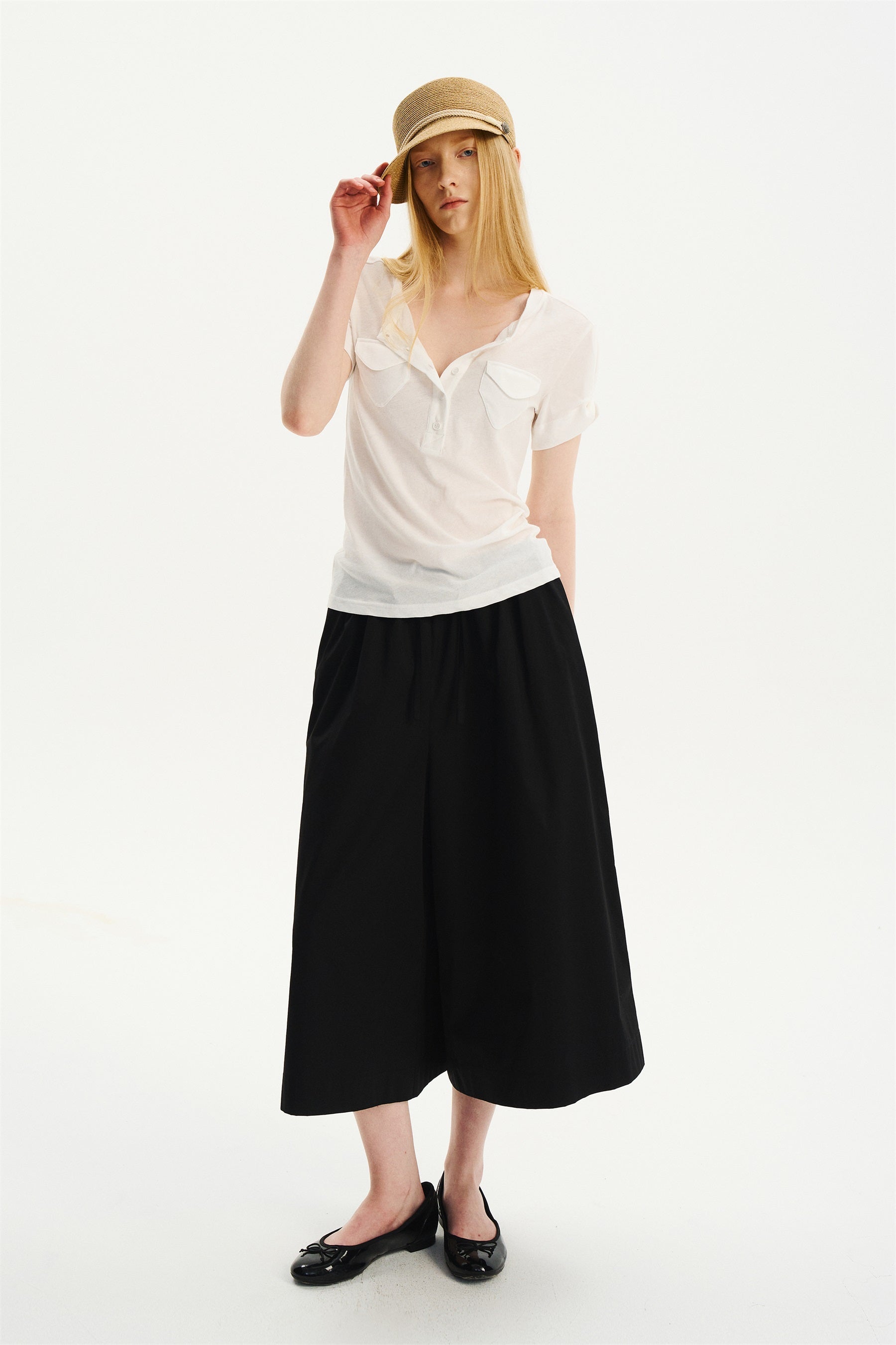 Cool-Touch Drawstring Wide-Leg Culotte Pants Black