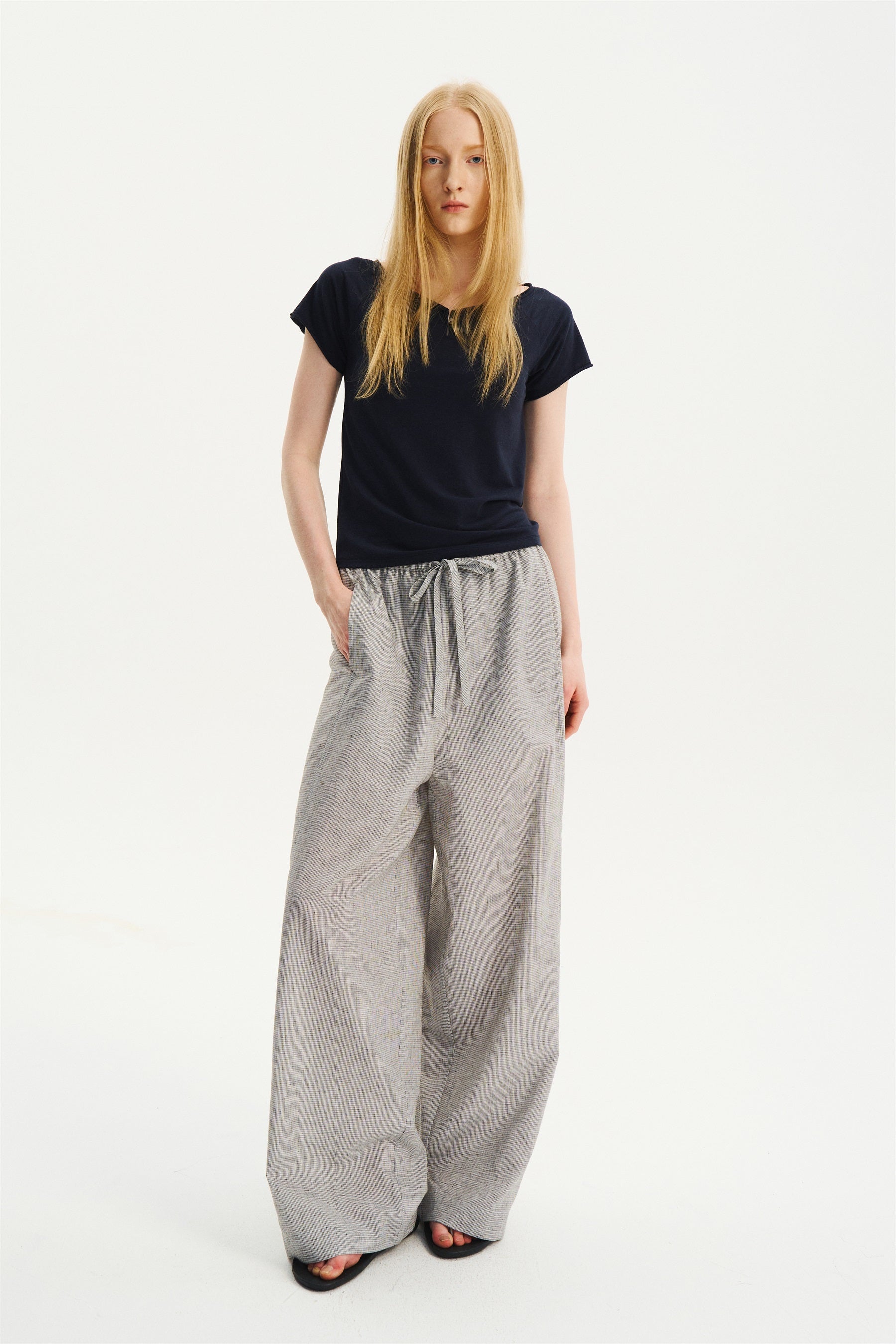 Textured Check Drawstring Wide-Leg Pants Black White Check
