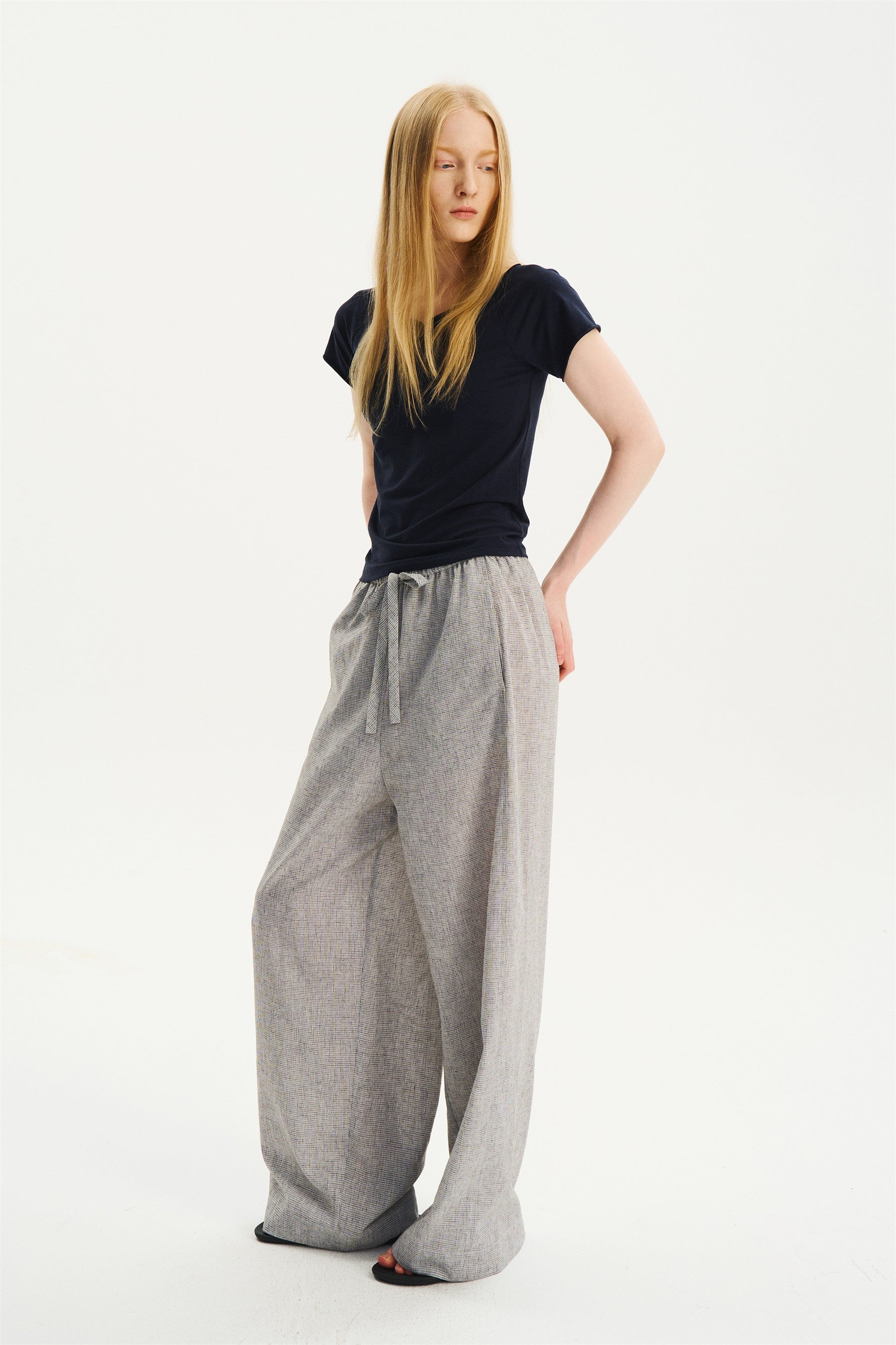Textured Check Drawstring Wide-Leg Pants Black White Check