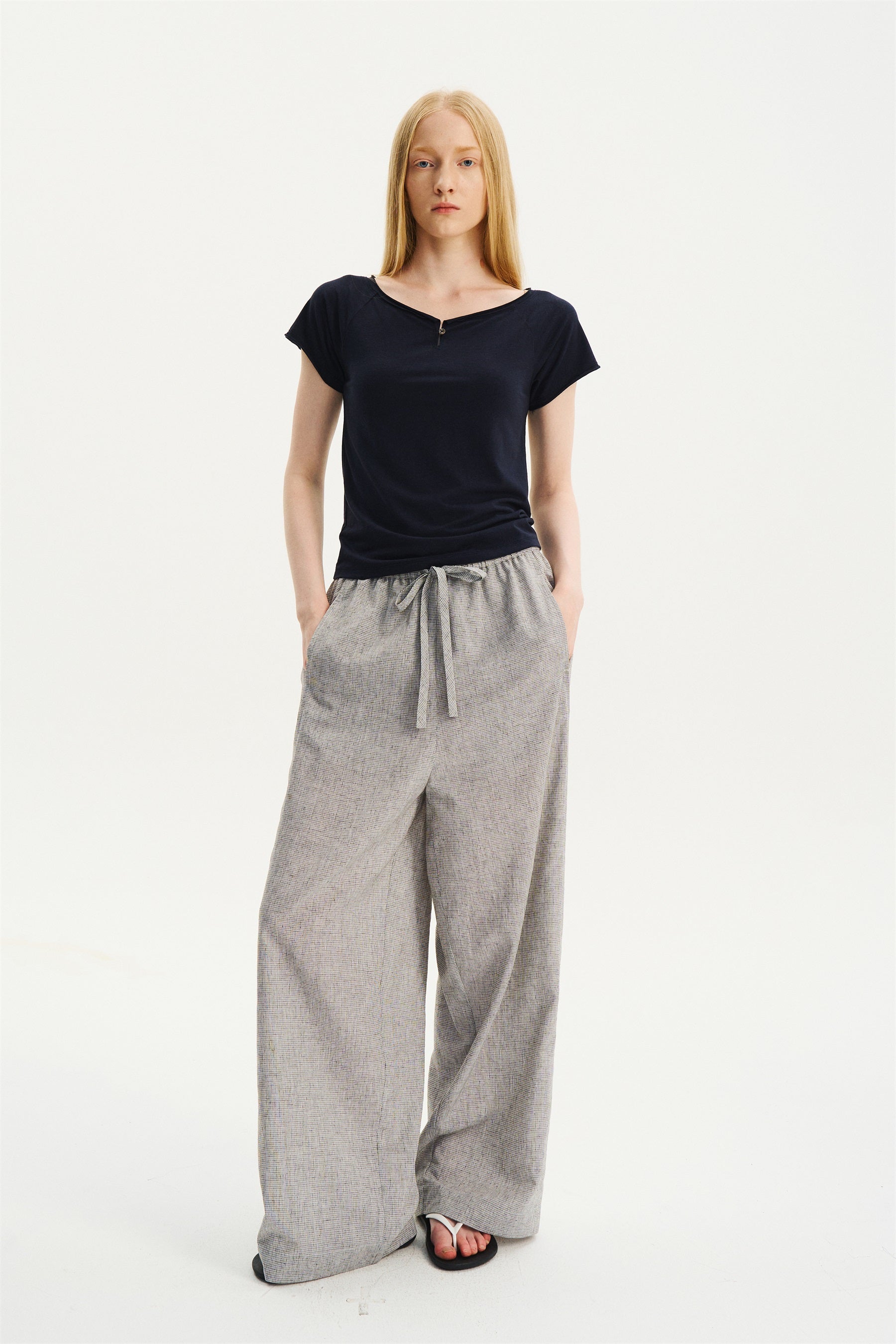 Textured Check Drawstring Wide-Leg Pants Black White Check