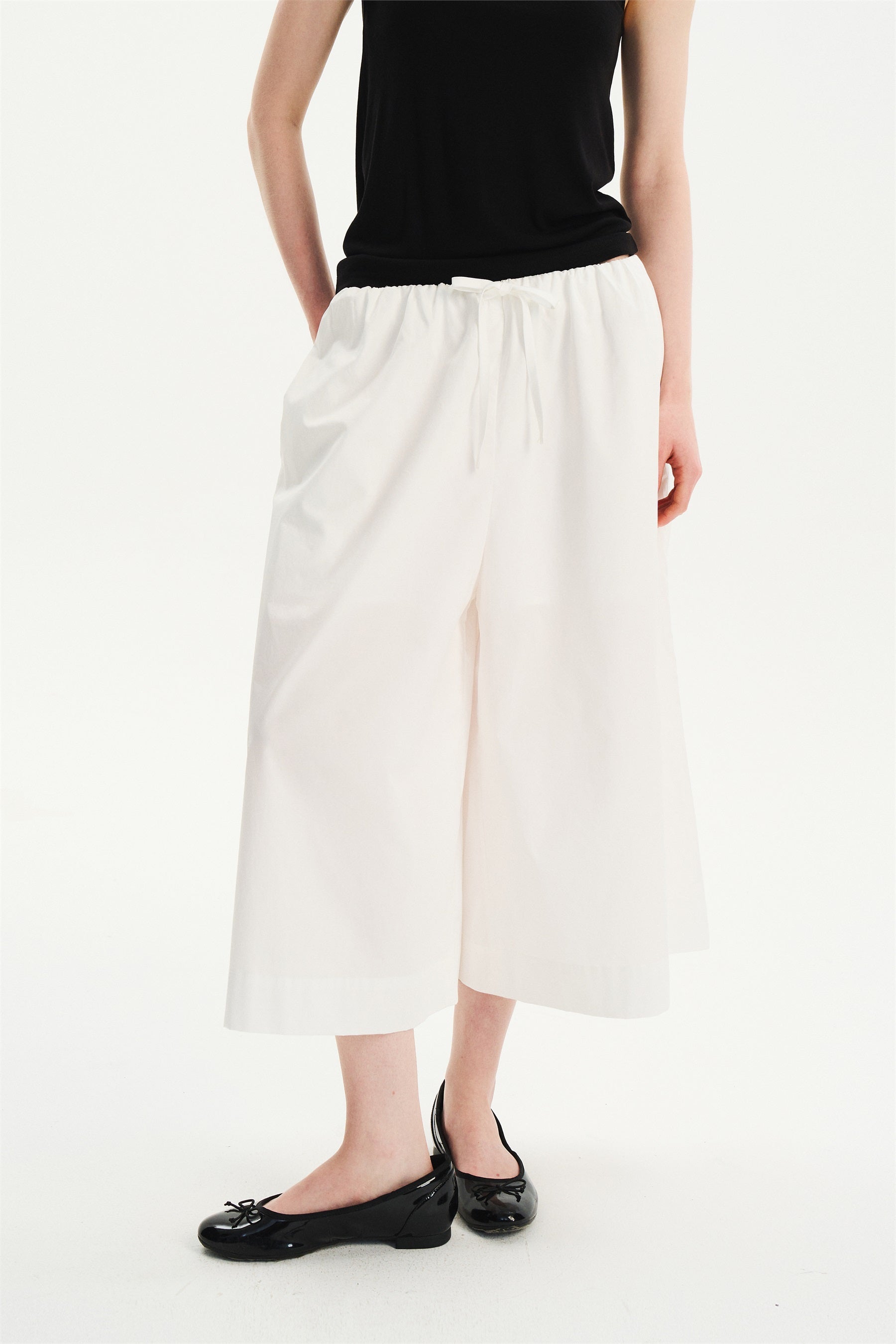 Cool-Touch Drawstring Wide-Leg Culotte Pants White