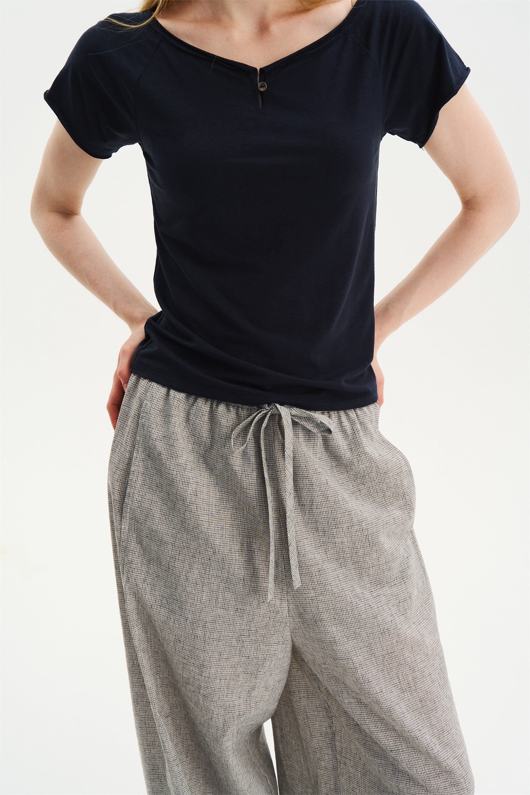 Textured Check Drawstring Wide-Leg Pants Black White Check