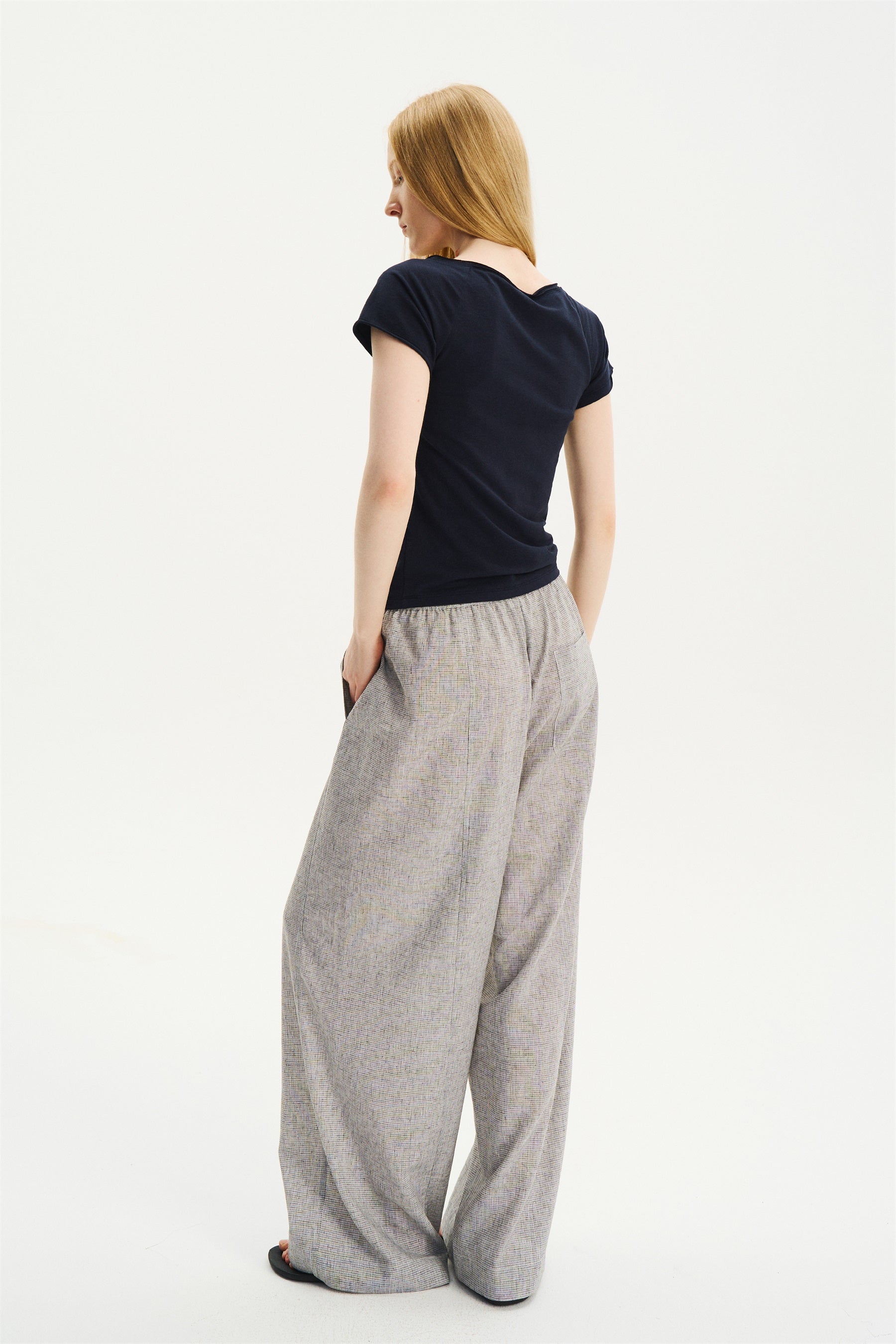 Textured Check Drawstring Wide-Leg Pants Black White Check