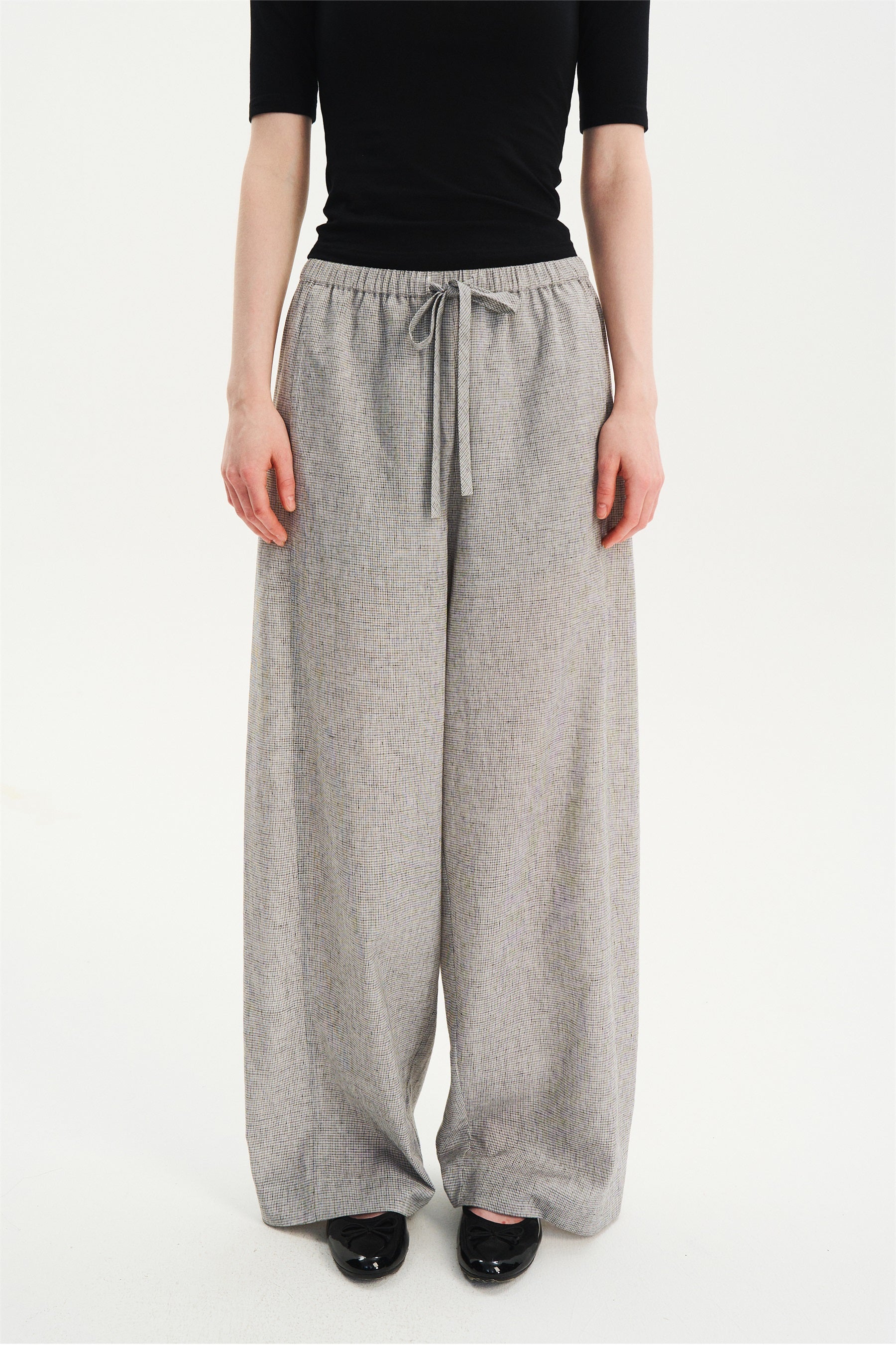 Textured Check Drawstring Wide-Leg Pants Black White Check