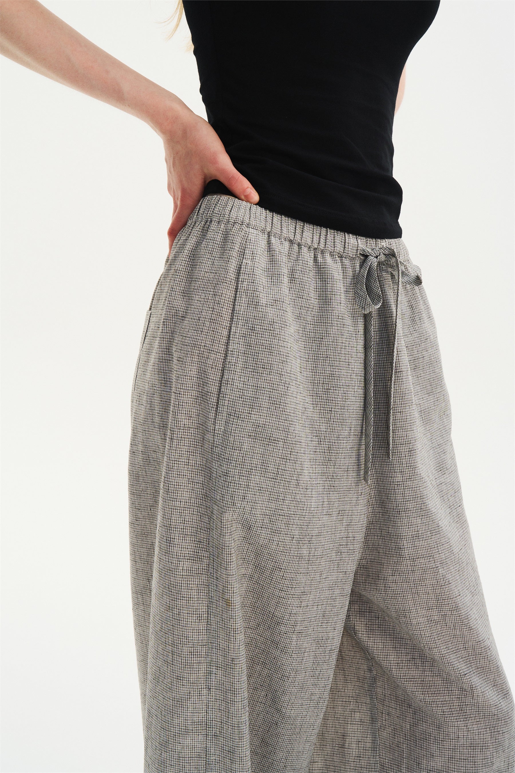 Textured Check Drawstring Wide-Leg Pants Black White Check