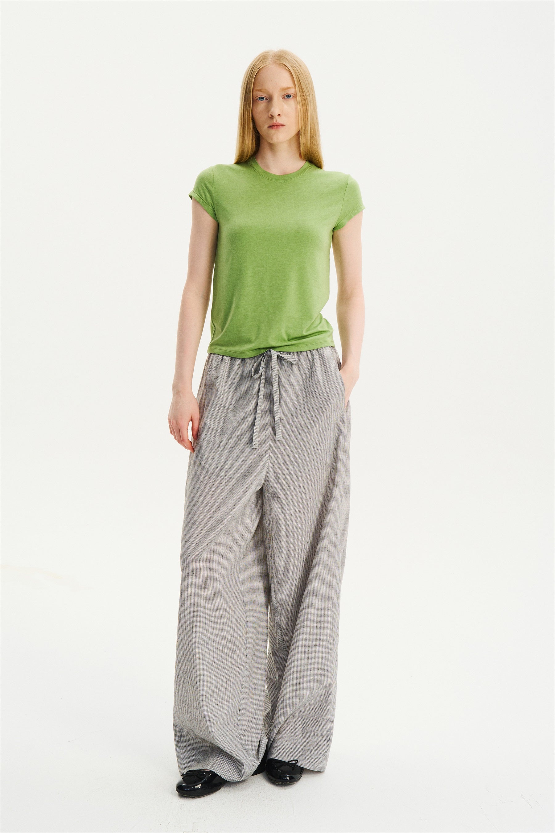 Textured Check Drawstring Wide-Leg Pants Black White Check