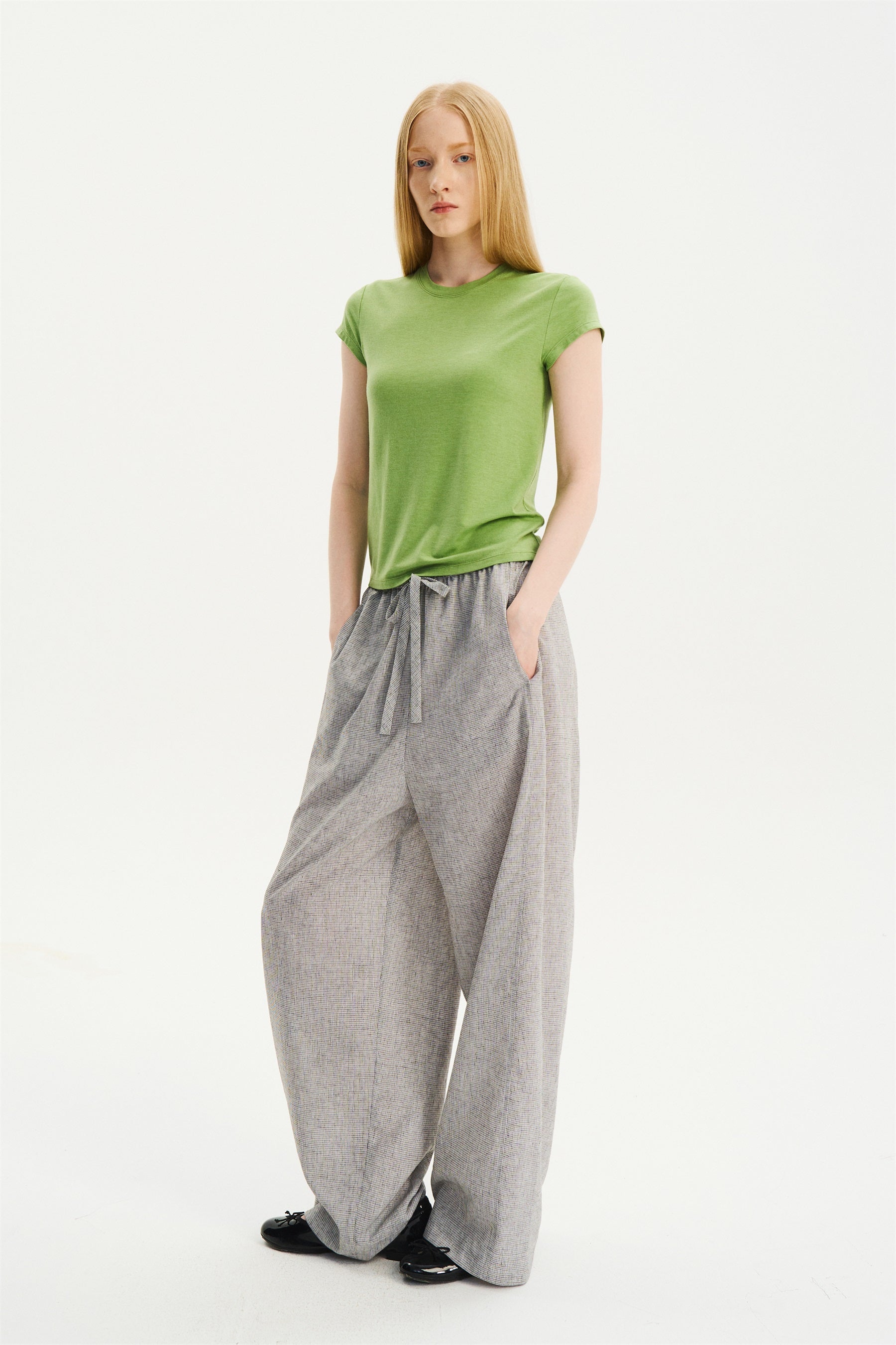 Textured Check Drawstring Wide-Leg Pants Black White Check