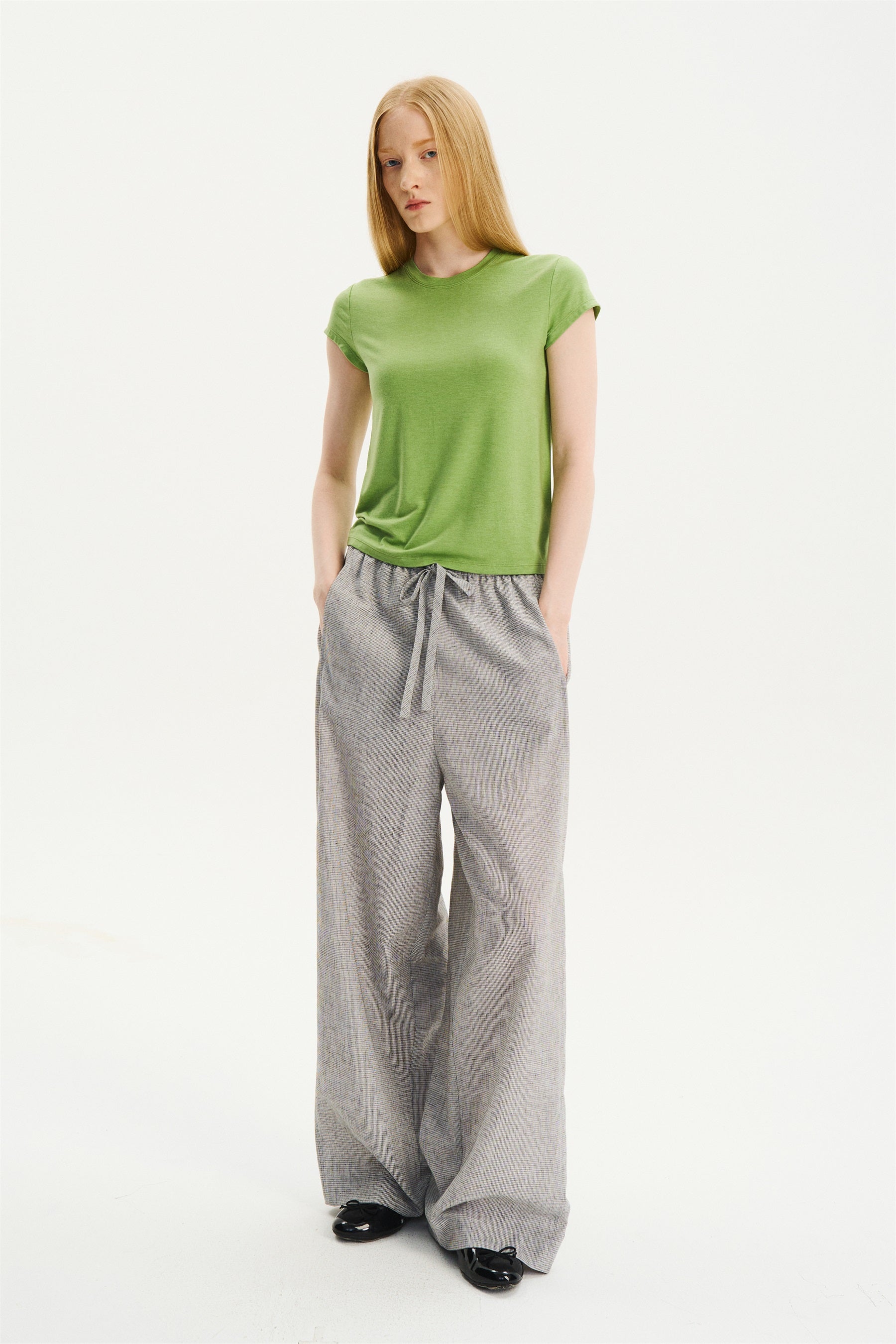 Textured Check Drawstring Wide-Leg Pants Black White Check