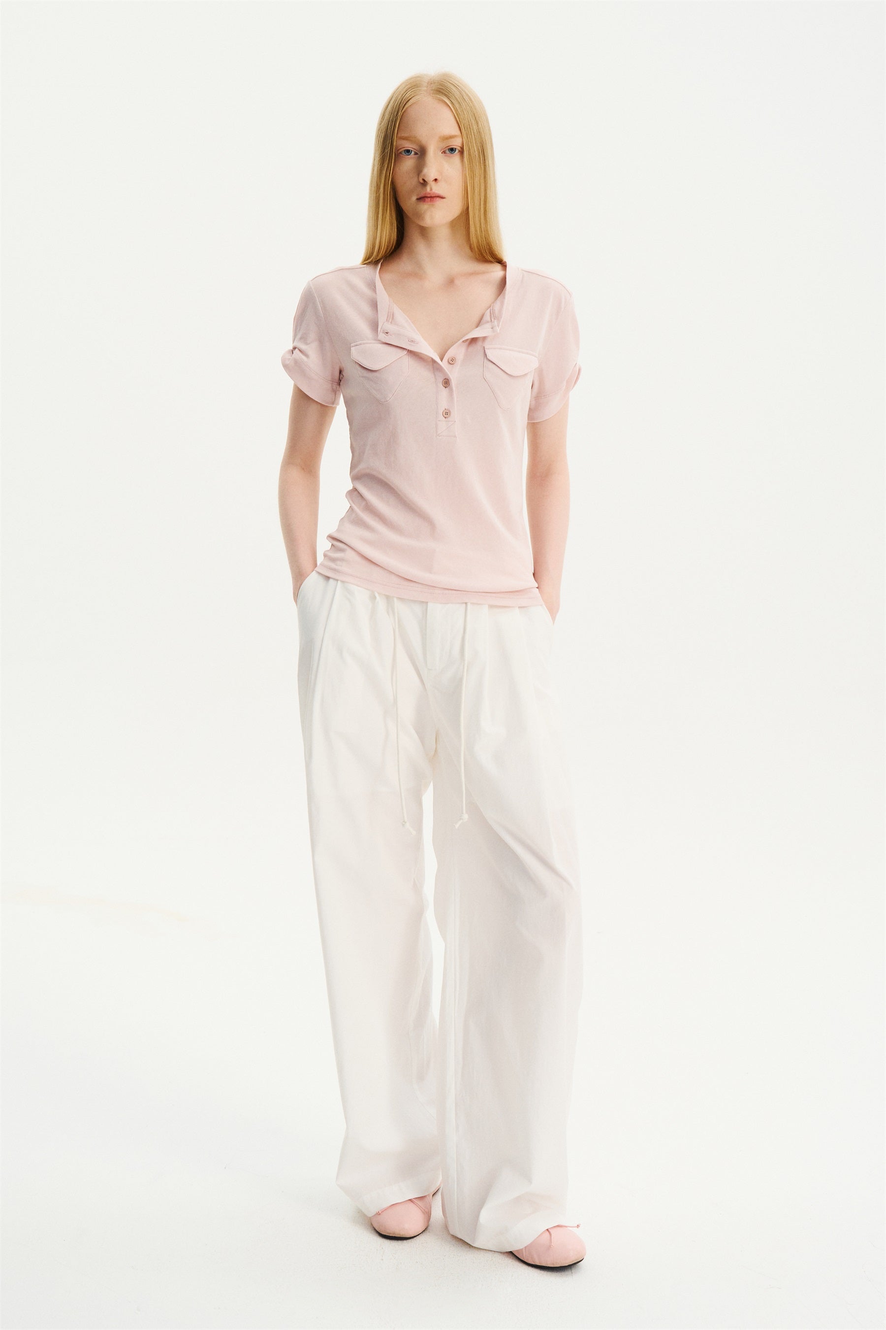 Mid-Low Rise Pleated Drawstring Pants White