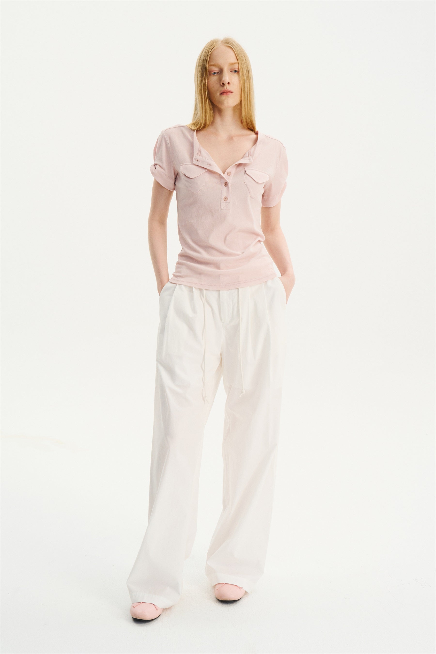 Mid-Low Rise Pleated Drawstring Pants White