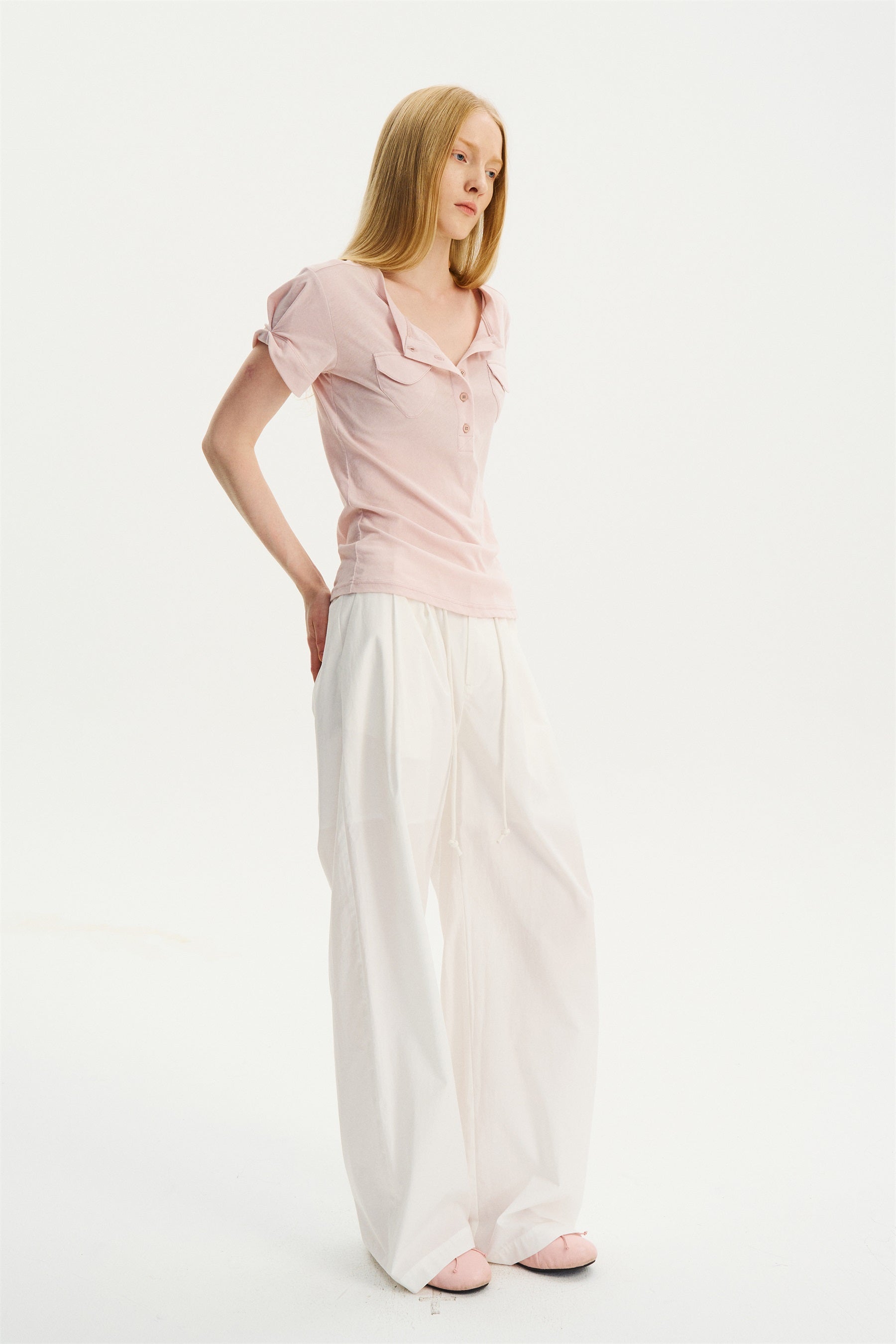 Mid-Low Rise Pleated Drawstring Pants White