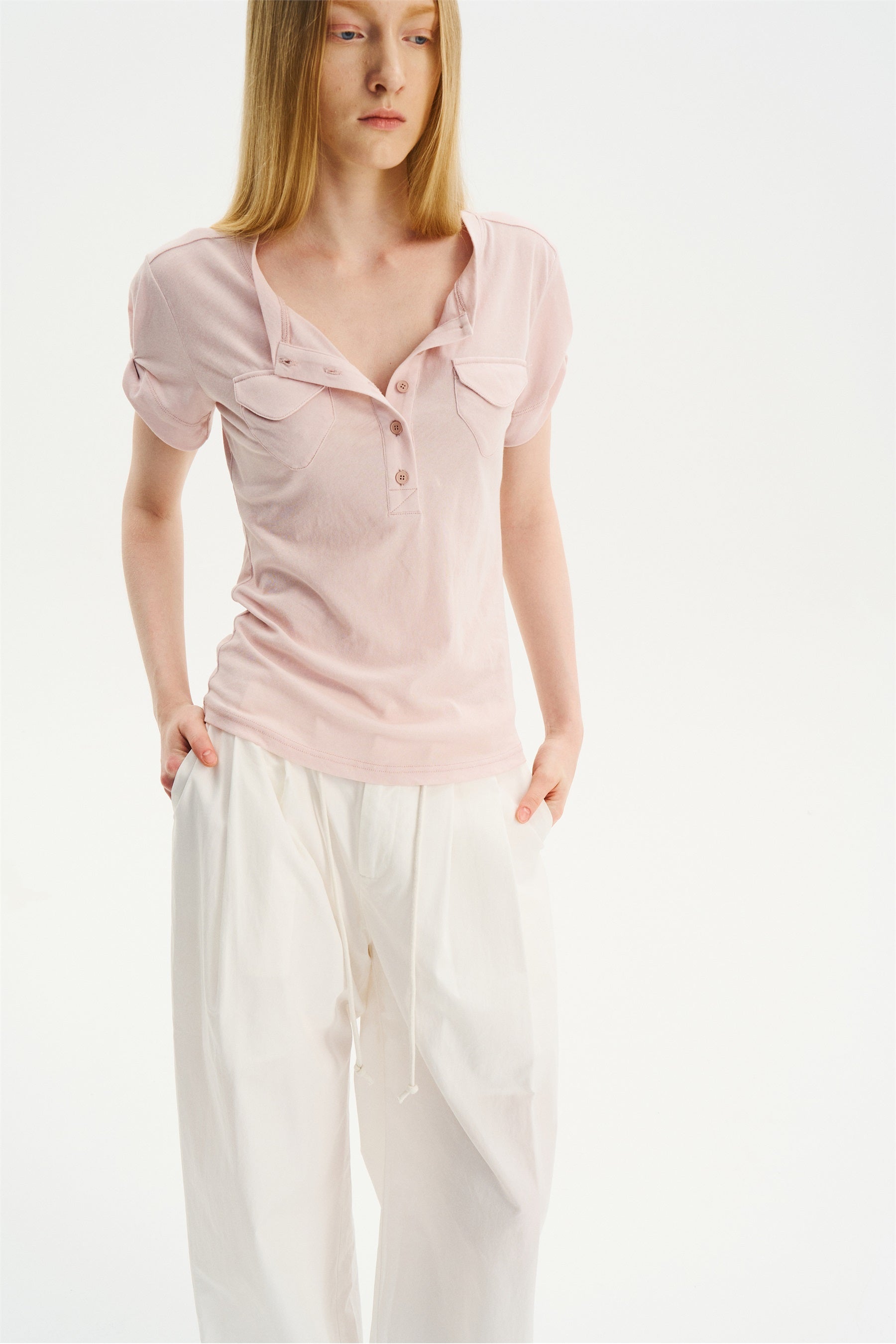 Lightweight Double-Pocket Henley T-Shirt Light Pink