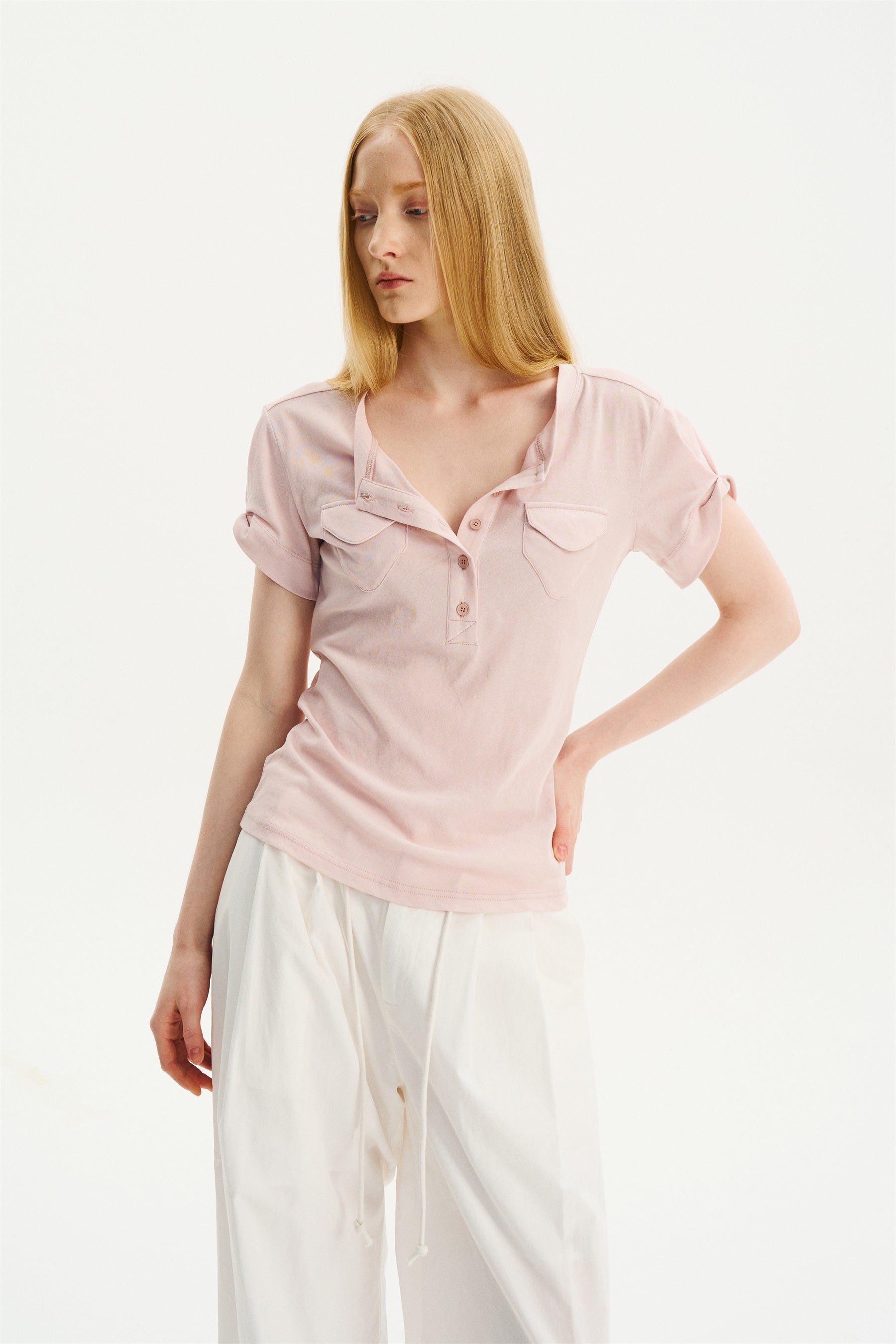 Lightweight Double-Pocket Henley T-Shirt Light Pink